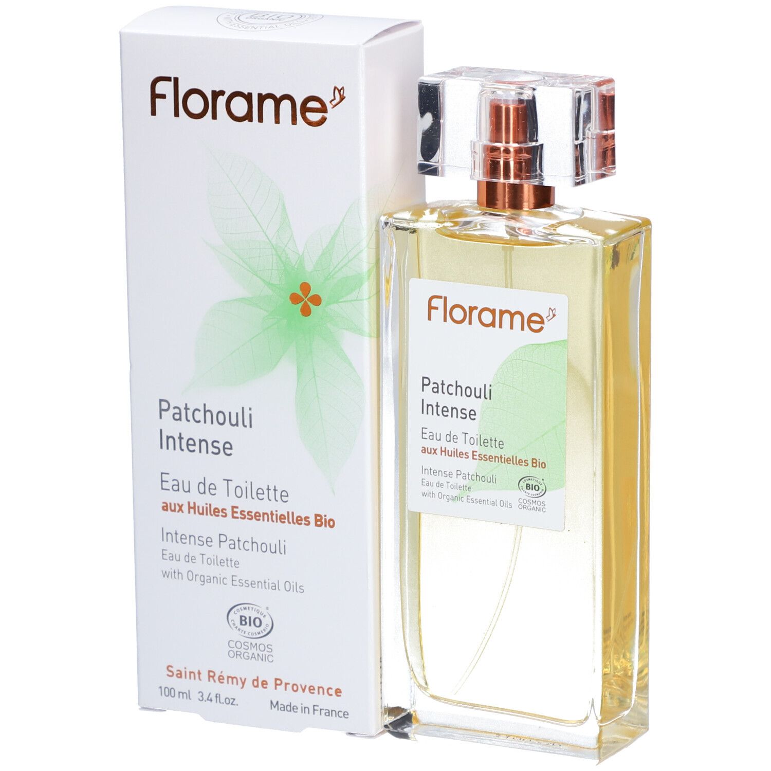 Flacon en verre avec liquide doré et vaporisateur, à côté d'un emballage blanc. Texte: Florame, Patchouli Intense, Bio.