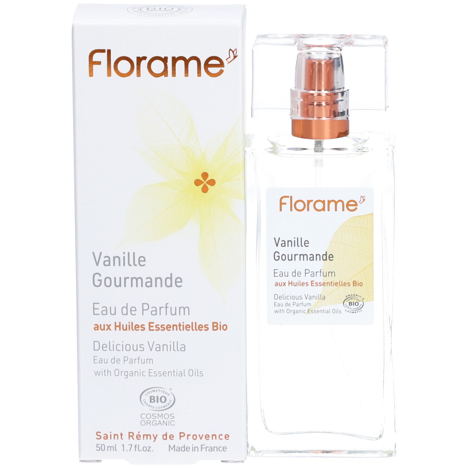 Flacon d'Eau de Parfum et emballage. Inscriptions: Florame, Vanille Gourmande, Eau de Parfum aux Huiles Essentielles Bio. Certification bio.
