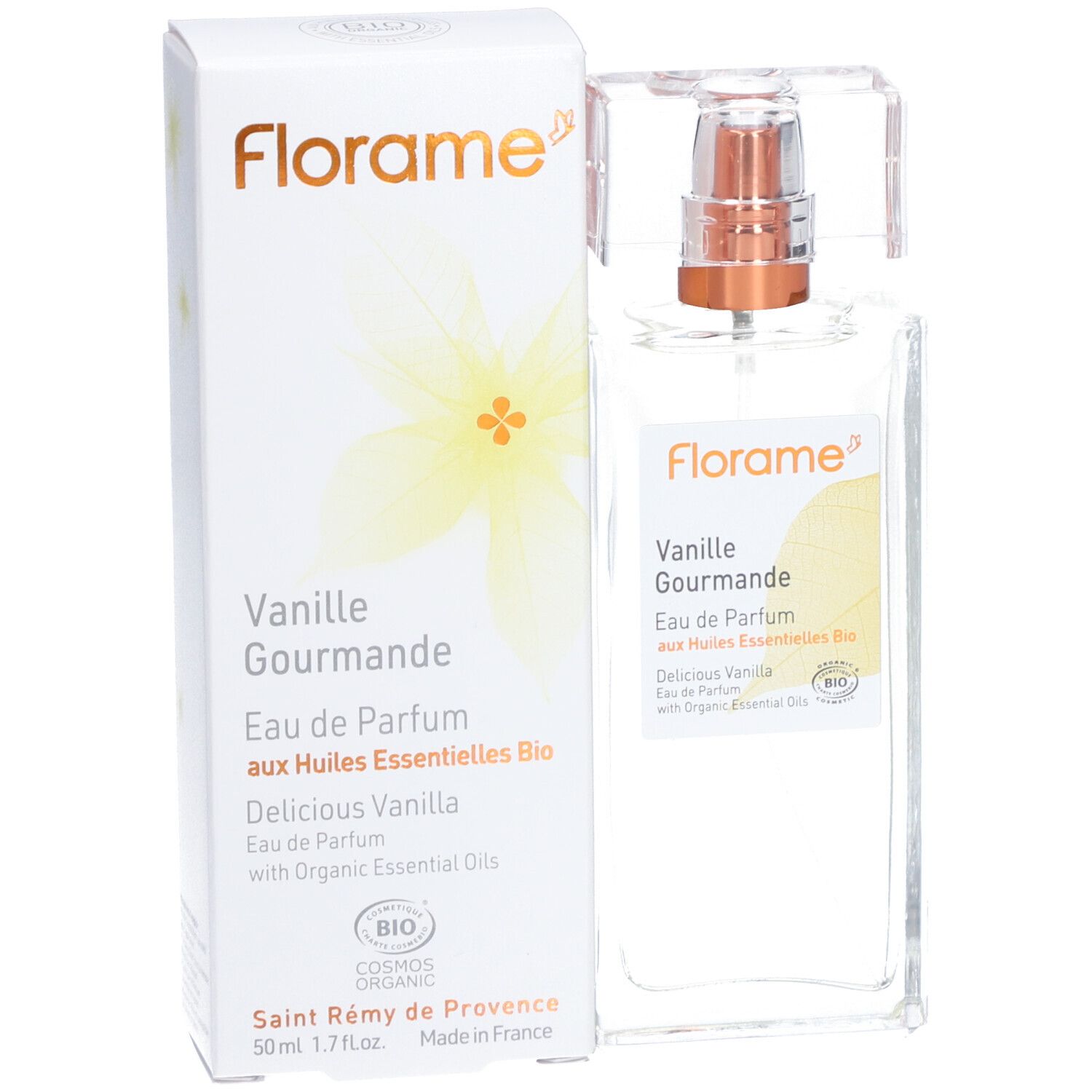 Flacon d'Eau de Parfum et emballage. Inscriptions: Florame, Vanille Gourmande, Eau de Parfum aux Huiles Essentielles Bio. Certification bio.