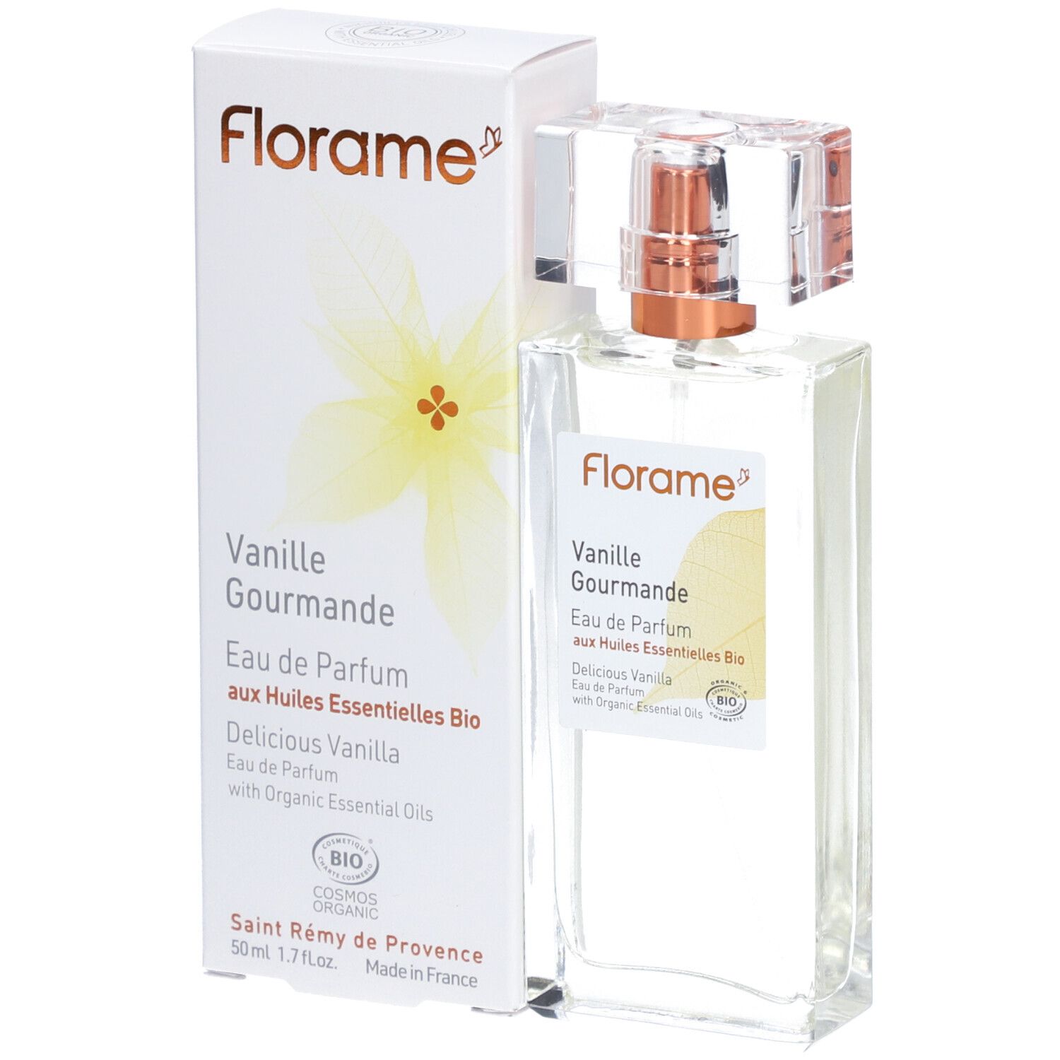 Flacon d'Eau de Parfum et emballage. Inscriptions: Florame, Vanille Gourmande, Eau de Parfum aux Huiles Essentielles Bio. Certification bio.