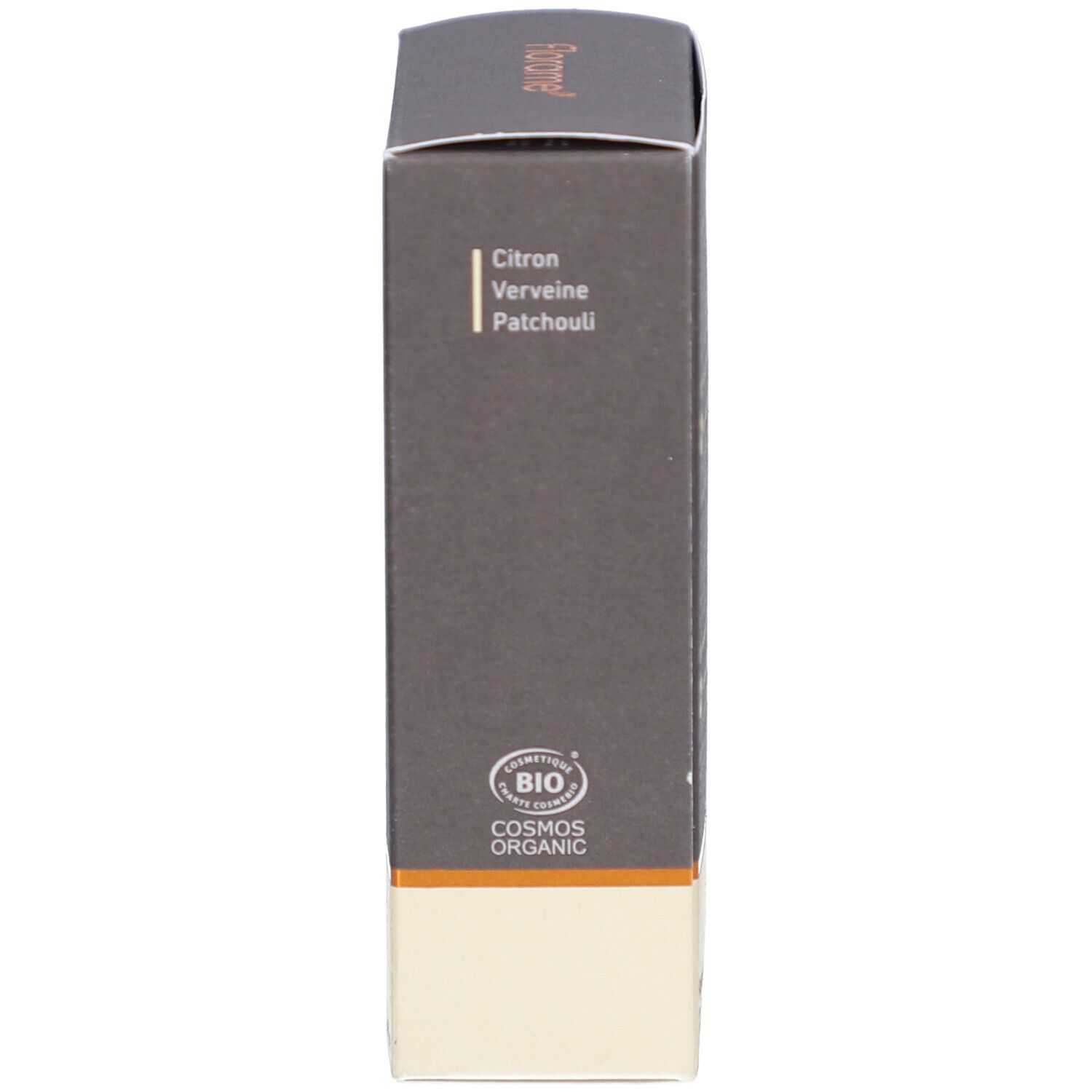 Emballage, côté avec ingrédients et certification Bio. Texte: Citron, Verveine, Patchouli.
