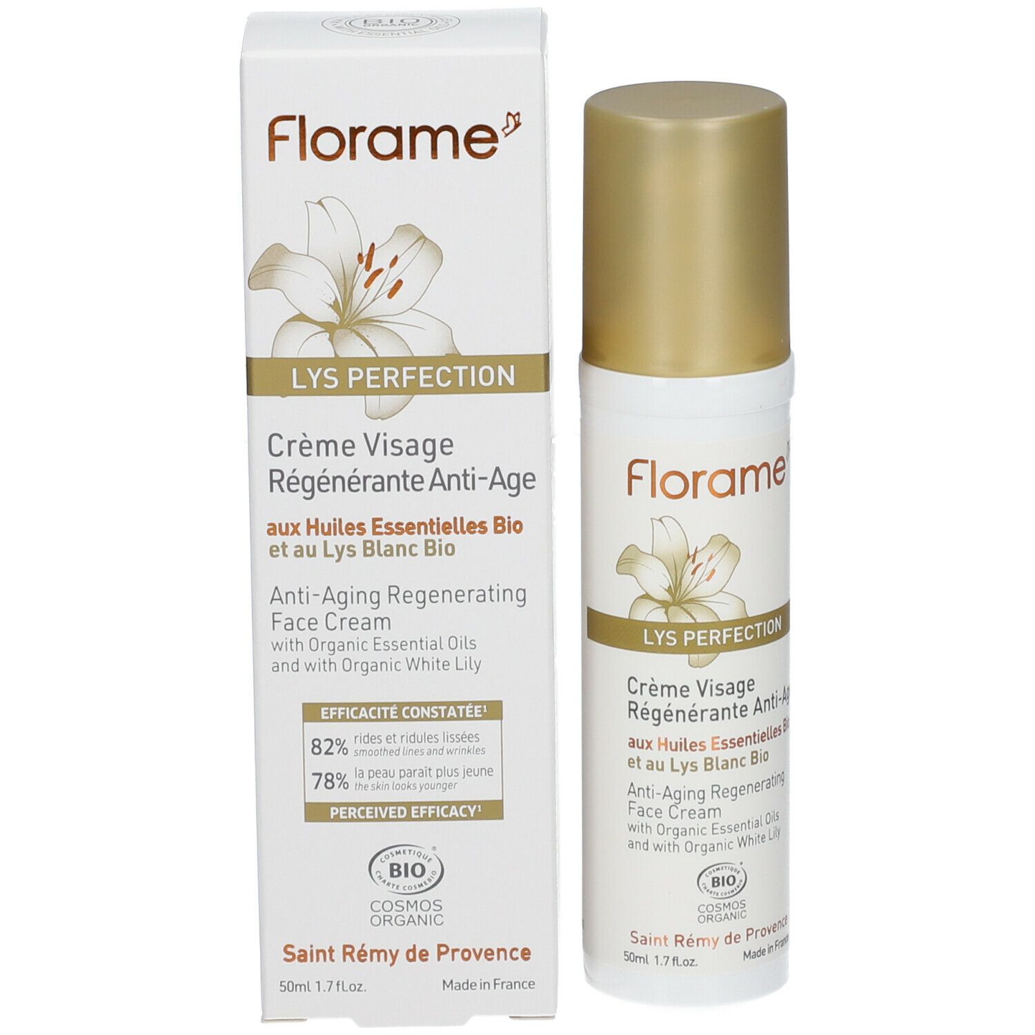 Emballage du produit avec flacon et boîte. Inscription: Florame, LYS PERFECTION, Crème Visage Régénérante Anti-Âge. Certification Bio.