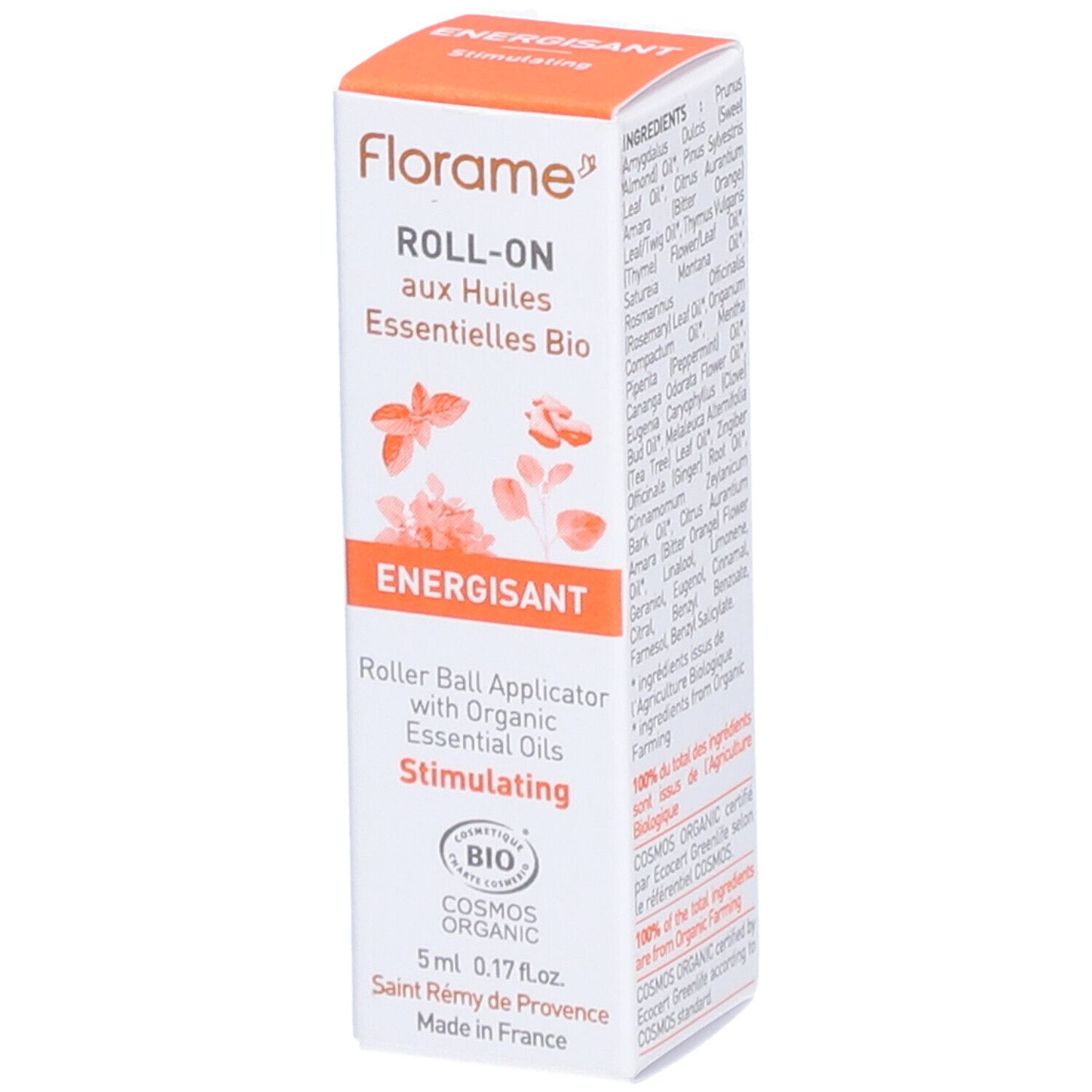 Florame Roll-on aux huiles essentielles. Emballage avec nom du produit, ingrédients et certification bio. Design orange et blanc.