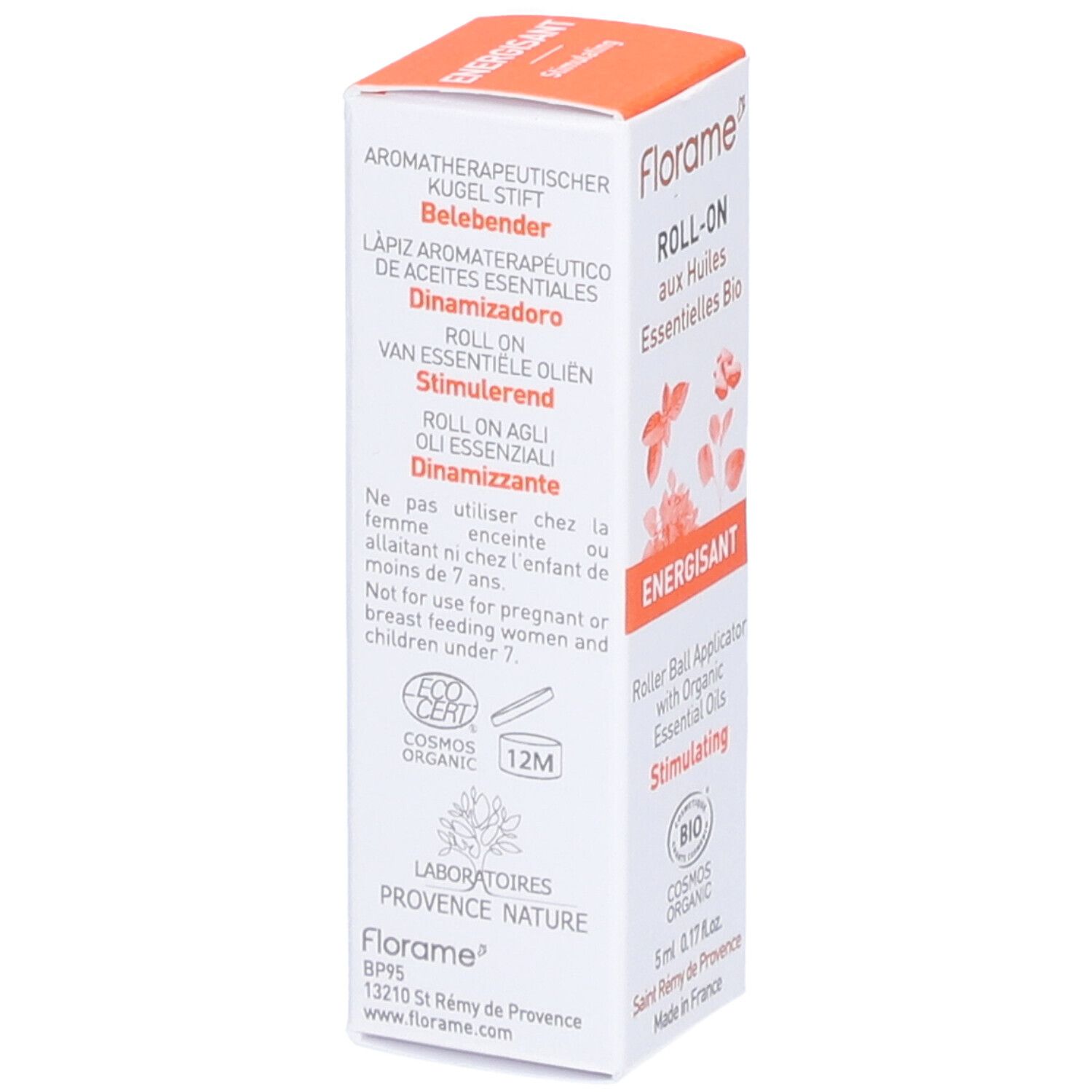 Emballage Florame Roll-on. Désignations multilingues du produit. Certification bio. Avertissement. Symbole 12M. Blanc-orange.