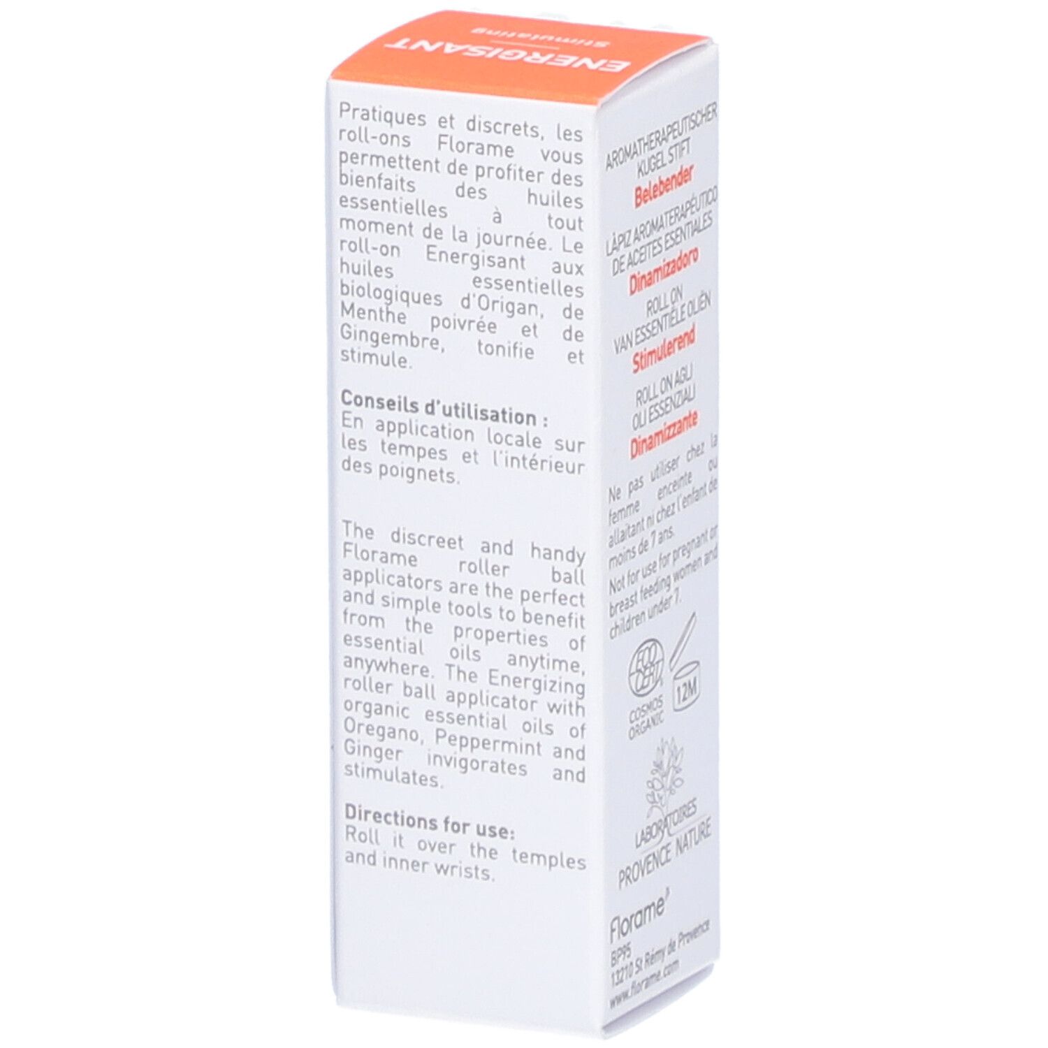 Emballage Florame Roll-on. Texte sur l'utilisation et les ingrédients. Certification bio. Design blanc-orange.