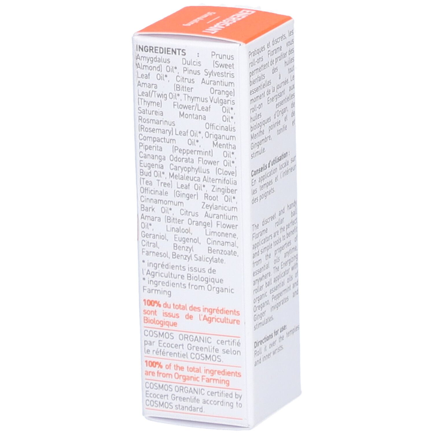 Emballage Florame Roll-on. Liste des ingrédients. Certification bio. Design blanc-orange.