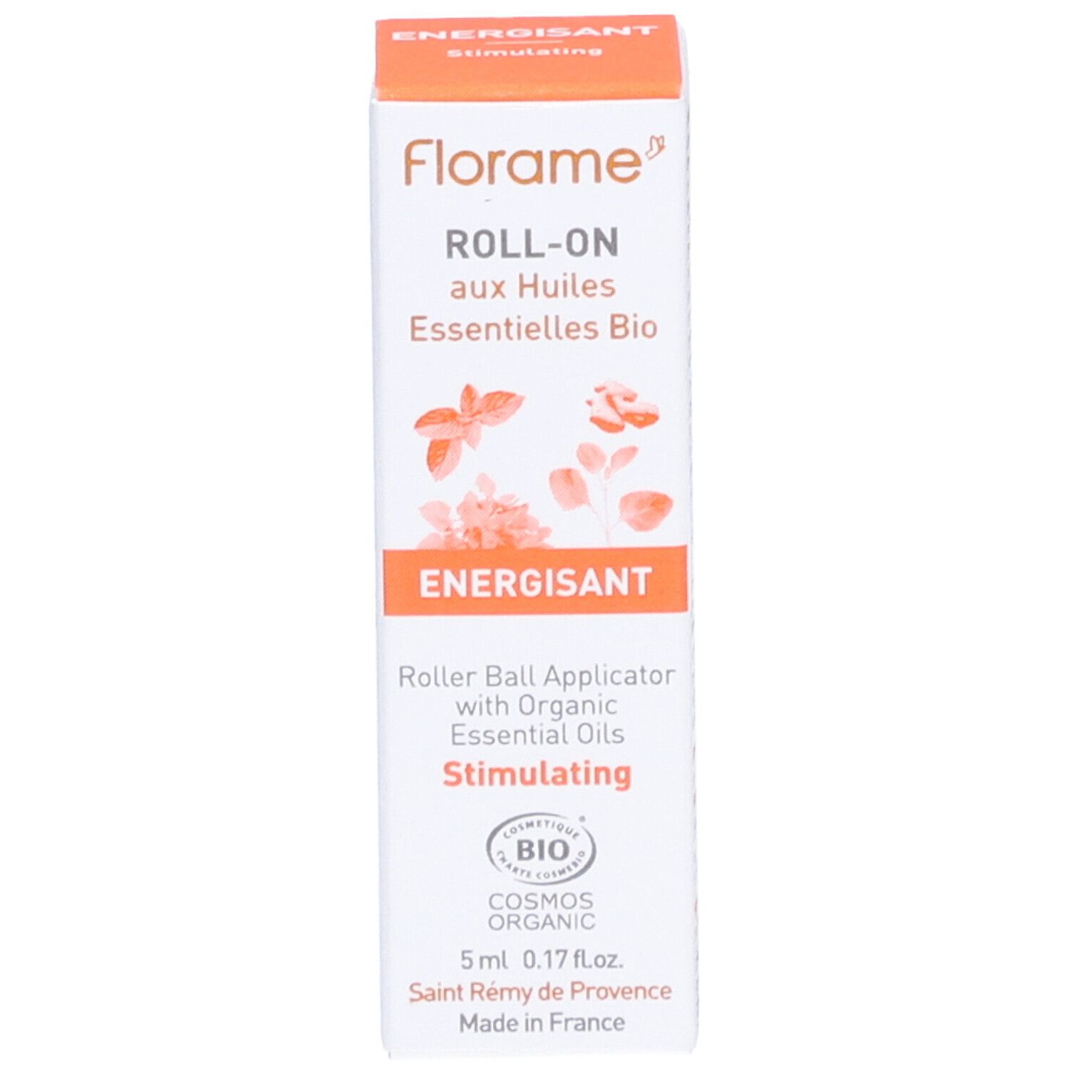 Florame Roll-on aux huiles essentielles. Emballage avec nom du produit et certification bio. Design orange et blanc.