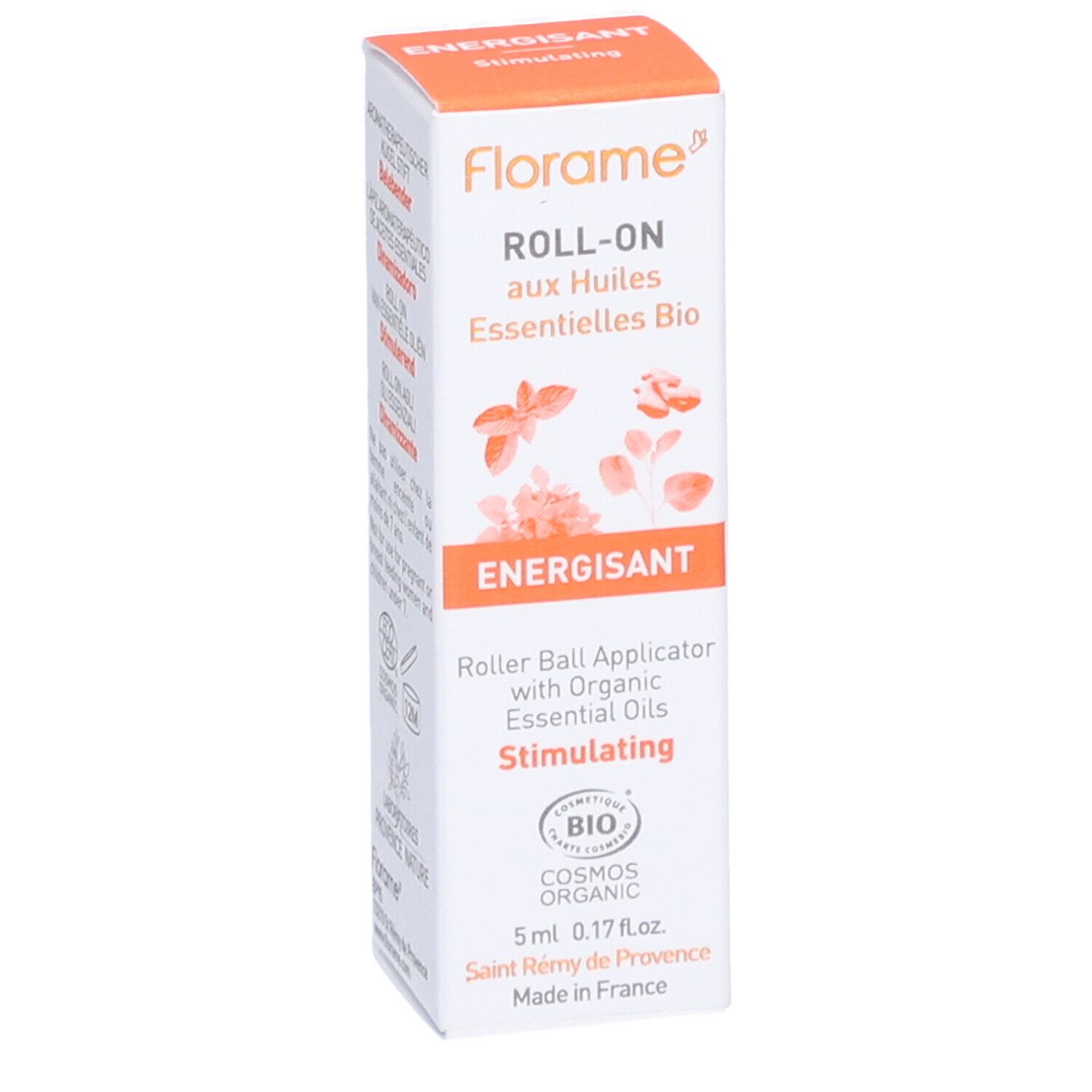 Florame Roll-on aux huiles essentielles. Emballage avec nom du produit et certification bio. Design orange et blanc.