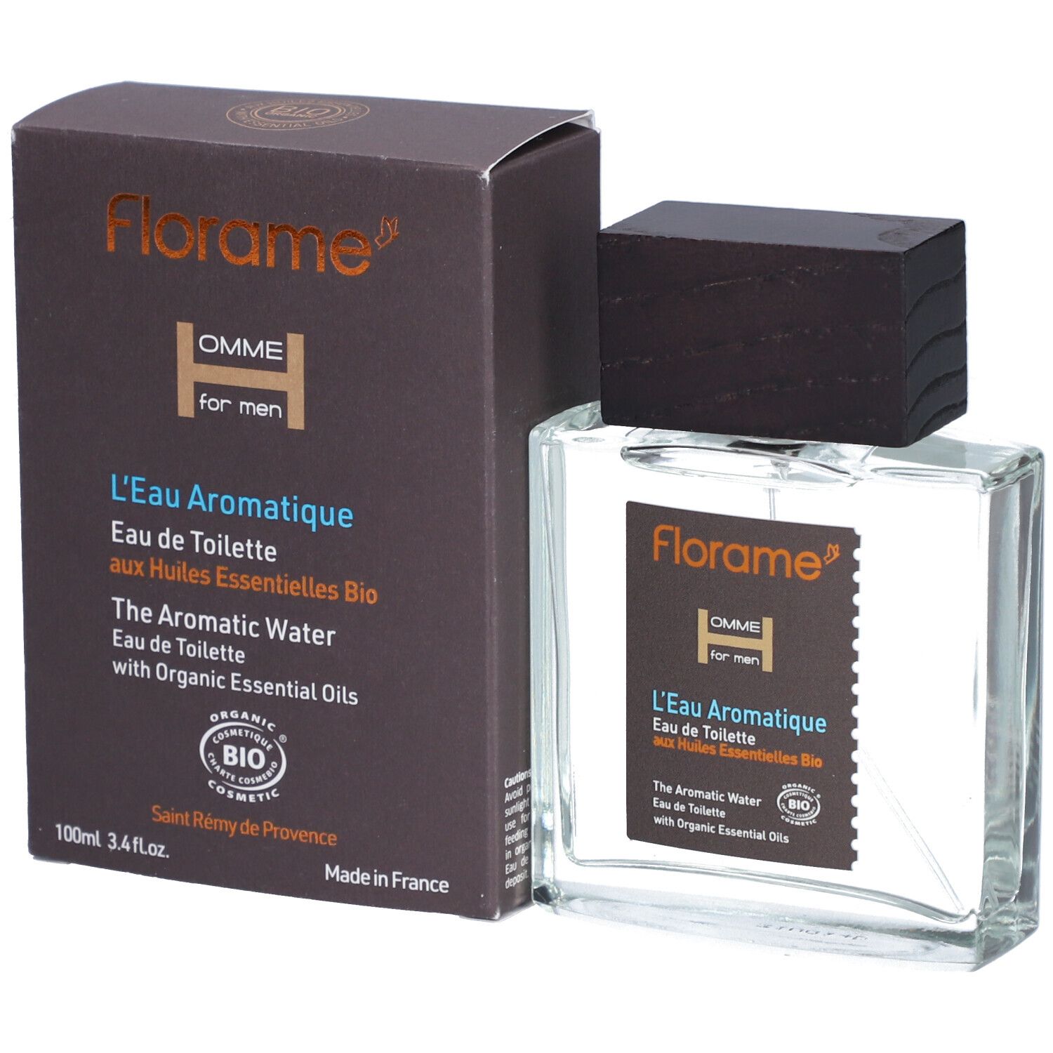 Flacon en verre et carton. Texte : Florame, Homme, L'Eau Aromatique, aux huiles essentielles bio. Certification bio.