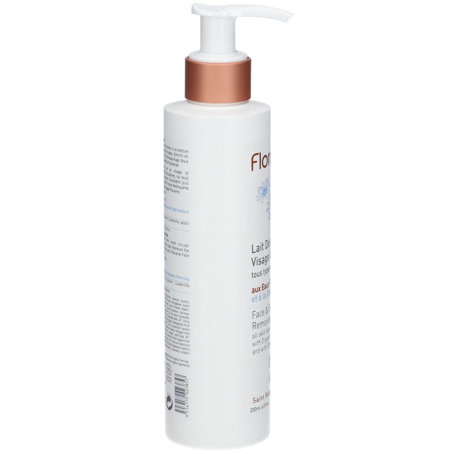 Flacon blanc avec pompe. Inscription: Florame, Lait D

emaquillant Visage & Yeux. Texte en français et anglais.