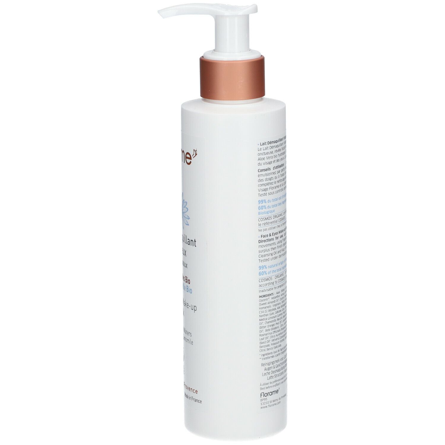 Flacon blanc avec pompe. Inscription: Florame, Lait D

emaquillant Visage & Yeux. Texte en français et anglais.
