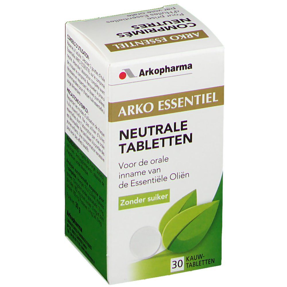 Boîte "ARKO ESSENTIEL NEUTRALE TABLETTEN". Emballage blanc et vert. 30 comprimés.