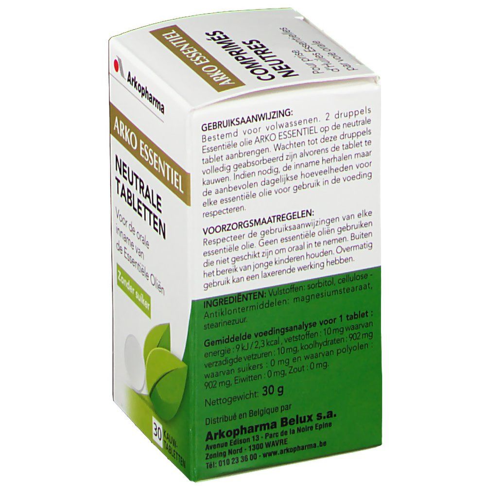 Dos de la boîte "ARKO ESSENTIEL NEUTRALE TABLETTEN". Texte avec instructions, précautions et ingrédients.