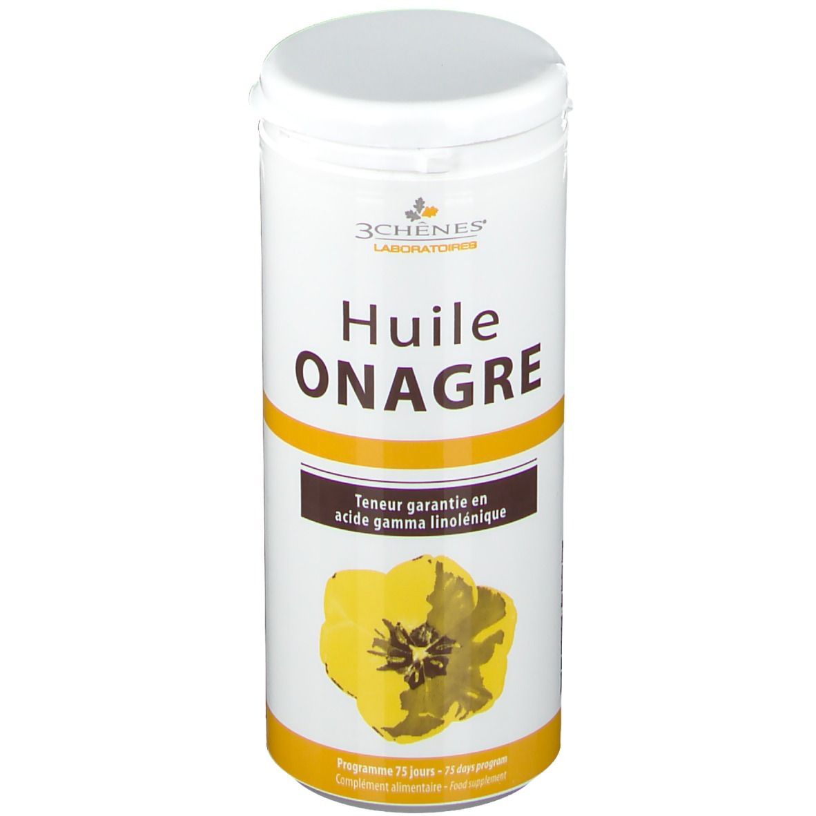 Boîte cylindrique blanche avec couvercle. Inscription: Huile Onagre. Fleur jaune et bande marron avec texte. Marque: 3 Chênes.