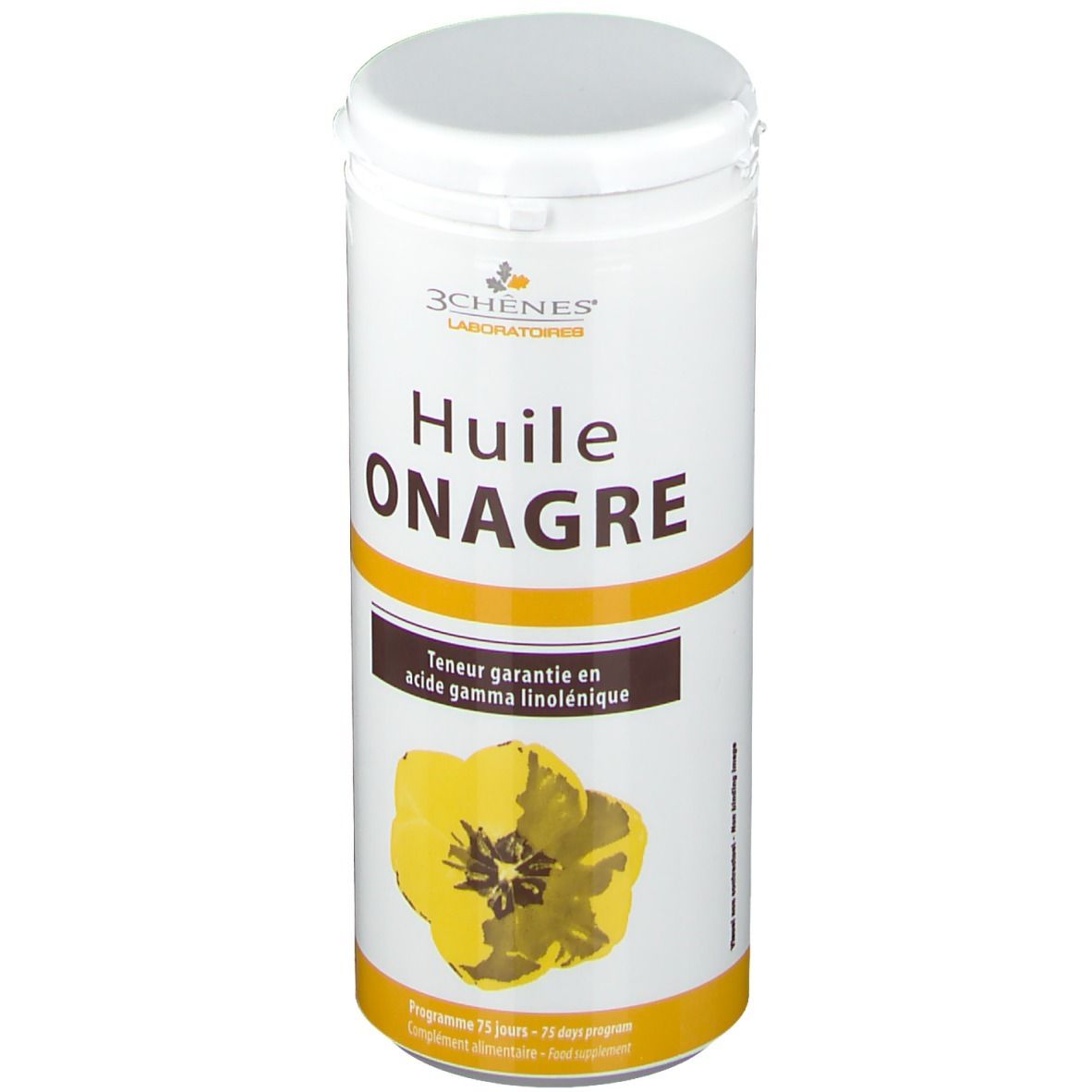 Boîte cylindrique blanche avec couvercle. Inscription: Huile Onagre. Fleur jaune et bande marron avec texte. Marque: 3 Chênes.