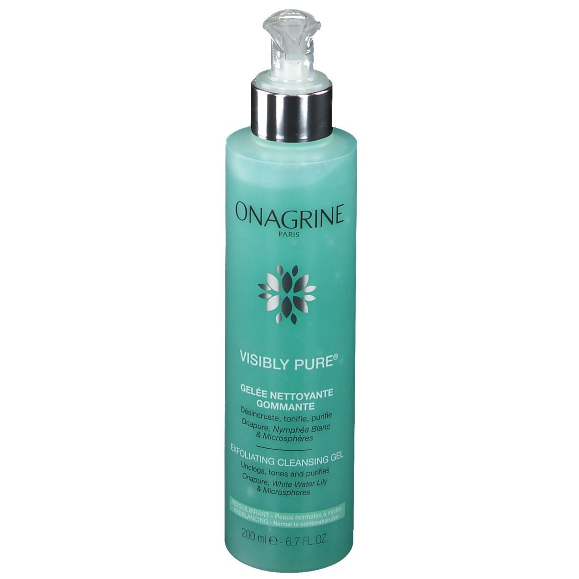 Flacon cylindrique avec pompe. Gel turquoise. Inscriptions: ONAGRINE, VISIBLY PURE, GELEE NETTOYANTE GOMMANTE, EXFOLIATING CLEANSING GEL.