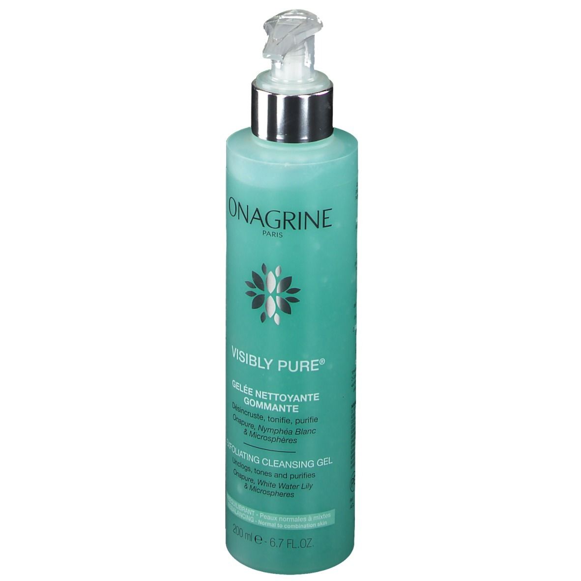 Flacon cylindrique avec pompe. Gel turquoise. Inscriptions: ONAGRINE, VISIBLY PURE, GELEE NETTOYANTE GOMMANTE, EXFOLIATING CLEANSING GEL.