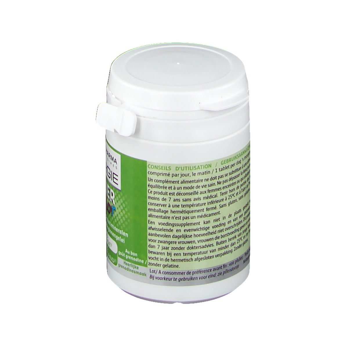 Boîte blanche avec étiquette verte. Inscription: Forté Pharma Énergie Power Junior. Dos avec instructions d'utilisation.
