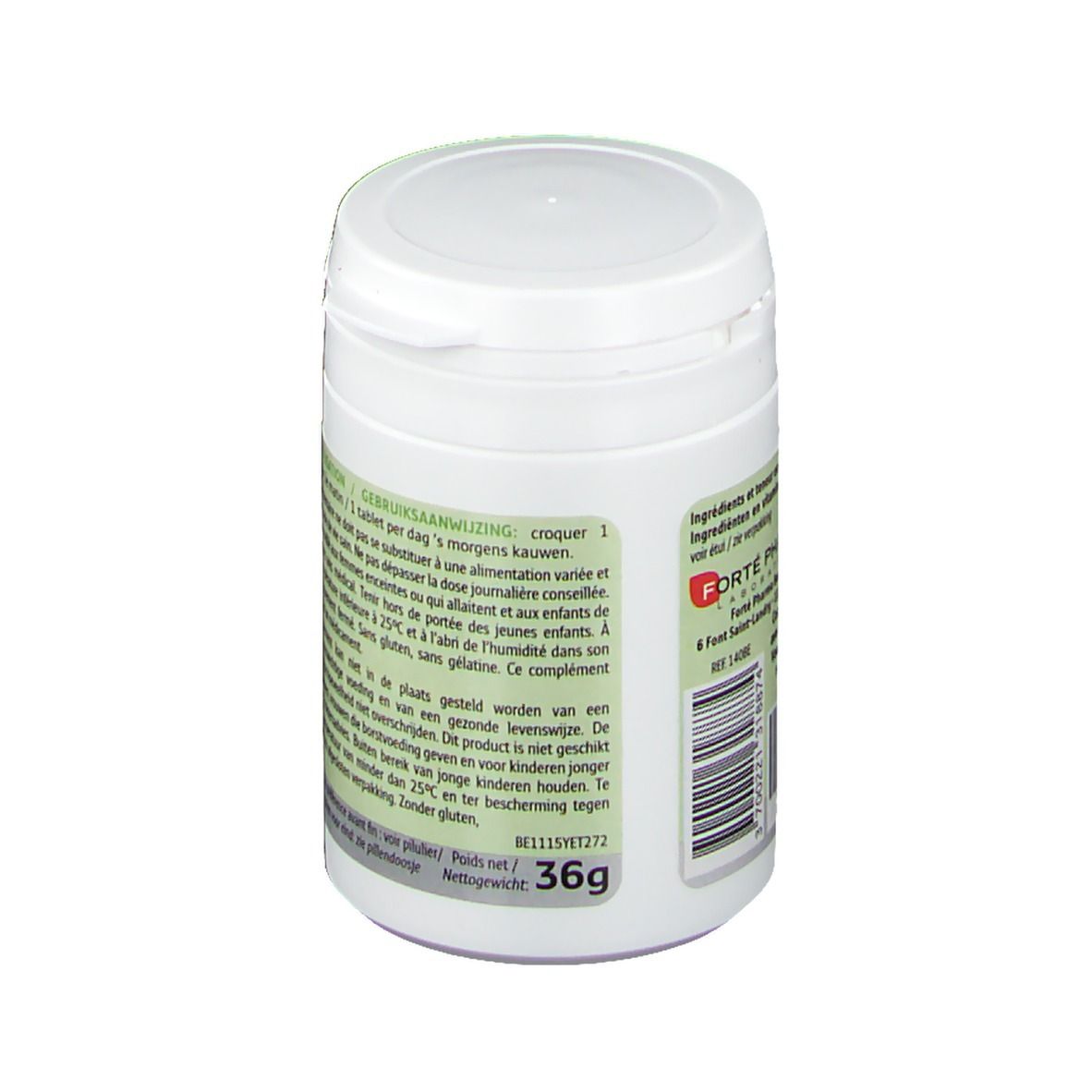 Boîte blanche avec étiquette verte. Inscription: Forté Pharma Énergie Power Junior. Dos avec ingrédients et poids.