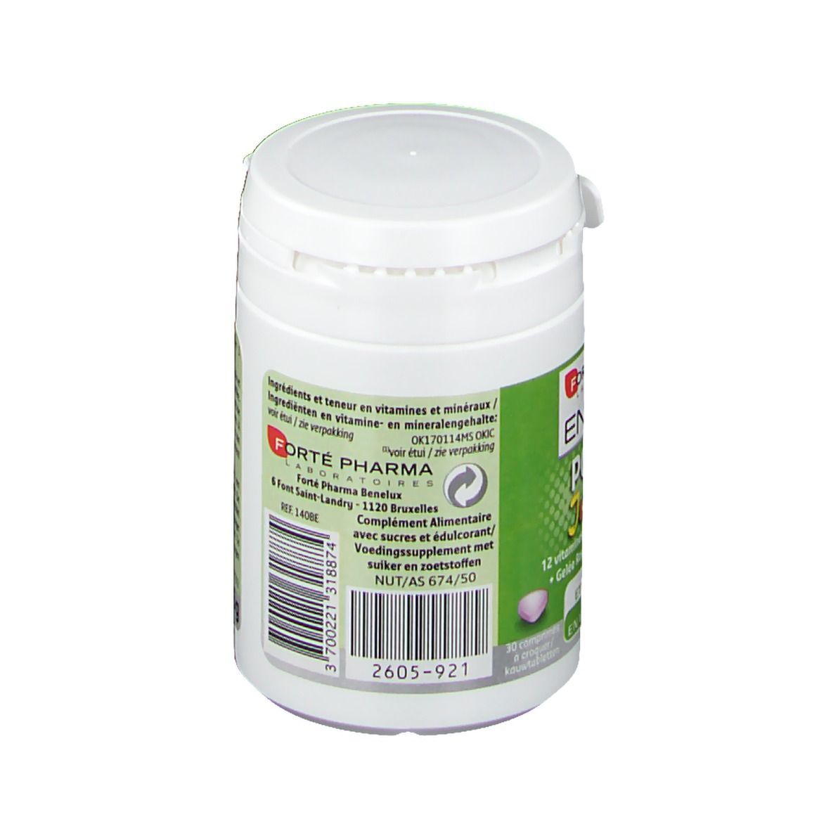 Boîte blanche avec étiquette verte. Inscription: Forté Pharma Énergie Power Junior. Dos avec informations fabricant et code-barres.