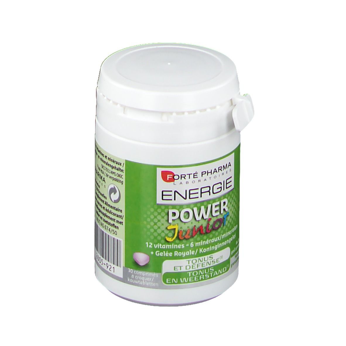 Boîte blanche avec étiquette verte. Inscription: Forté Pharma Énergie Power Junior. Contient vitamines, minéraux et gelée royale.