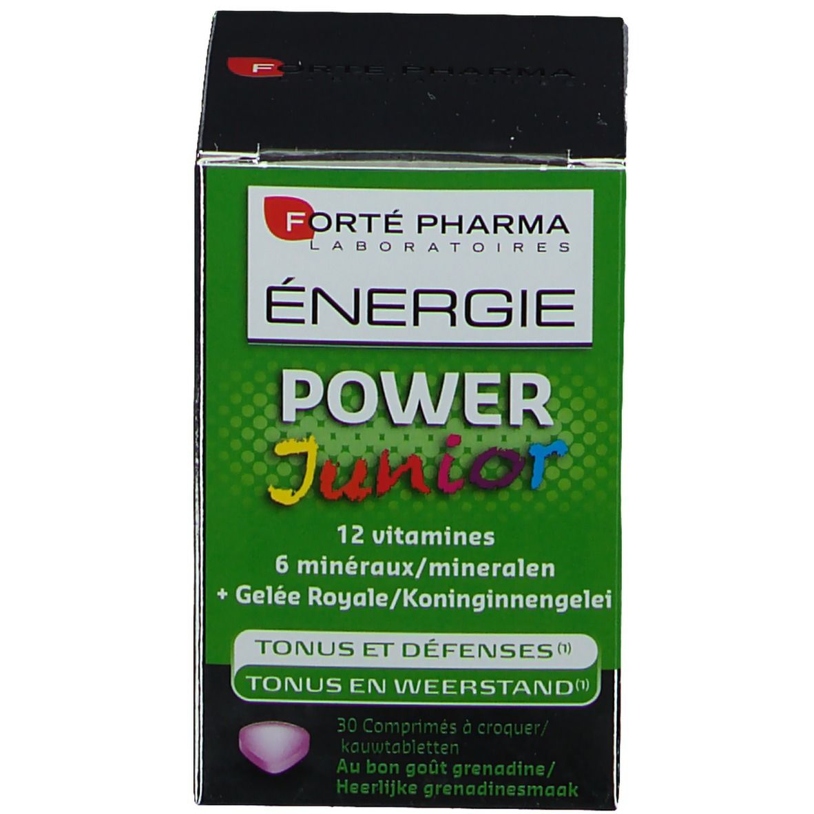 Emballage vert. Inscription: Forté Pharma Énergie Power Junior. Contient 30 comprimés à croquer. Avec languette rouge d'ouverture.