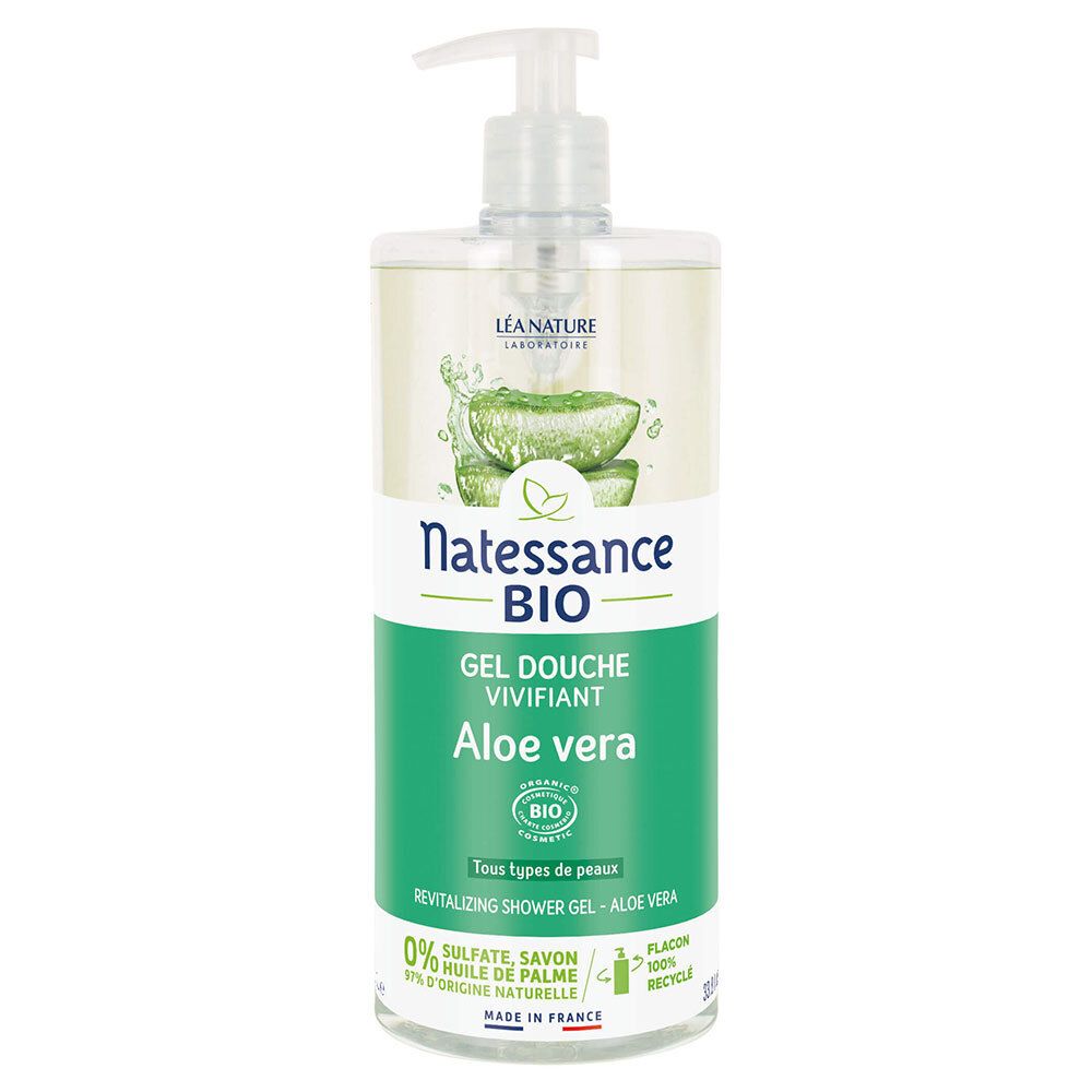Flacon transparent avec pompe. Inscription: Natessance BIO Gel Douche Vivifiant Aloe Vera. Certification bio.