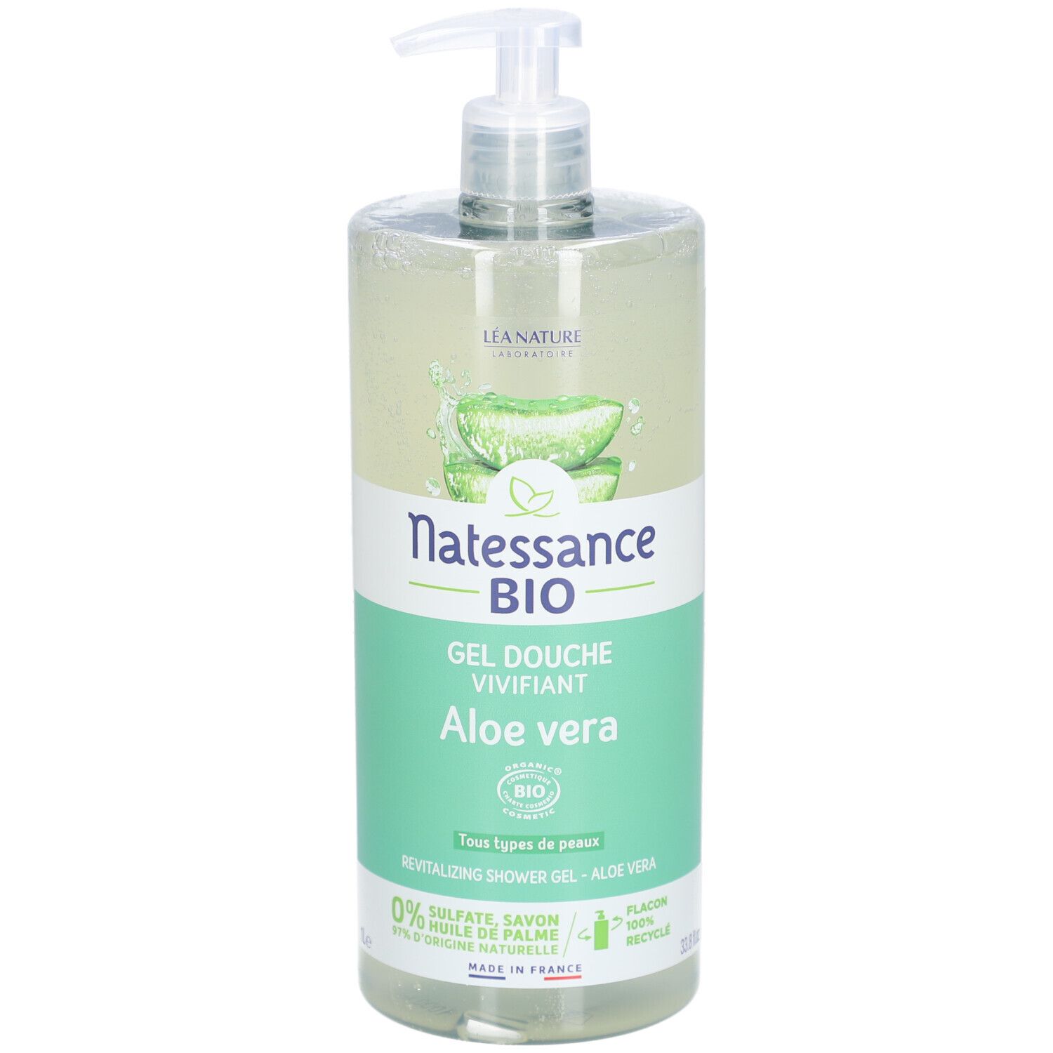 Flacon transparent avec pompe. Inscription: Natessance BIO Gel Douche Vivifiant Aloe Vera. Certification bio.
