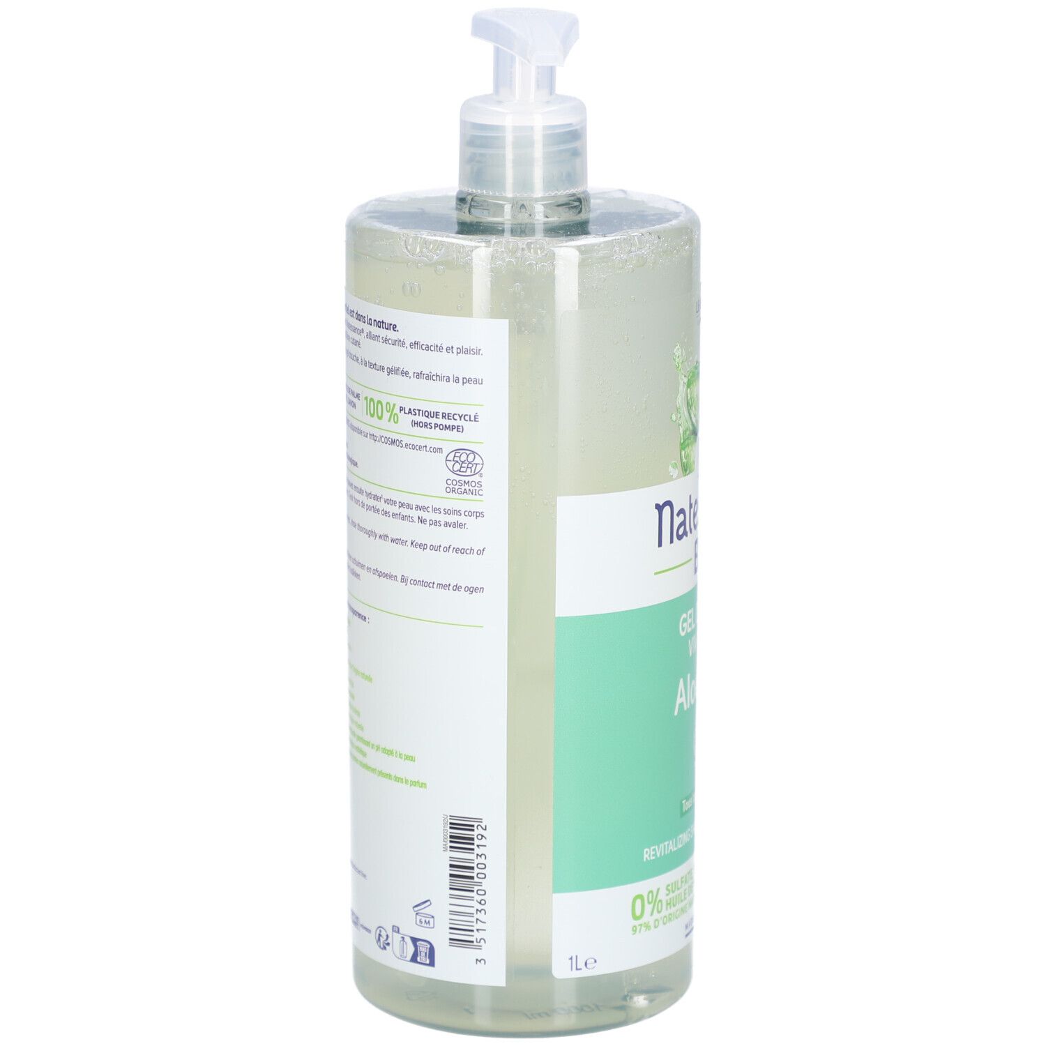 Dos du flacon. Informations textuelles, ingrédients et logos. Flacon 100% recyclable.