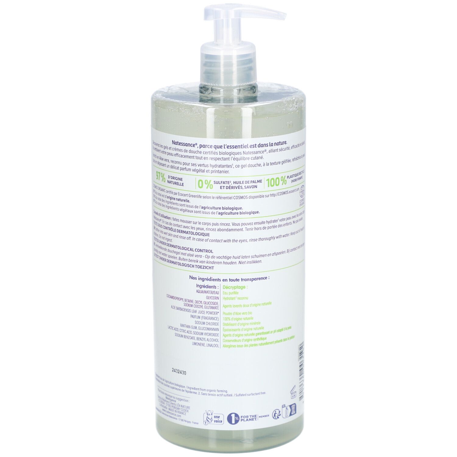 Flacon transparent avec pompe. Inscription: Natessance BIO Gel Douche Vivifiant Aloe Vera. Certification bio.
