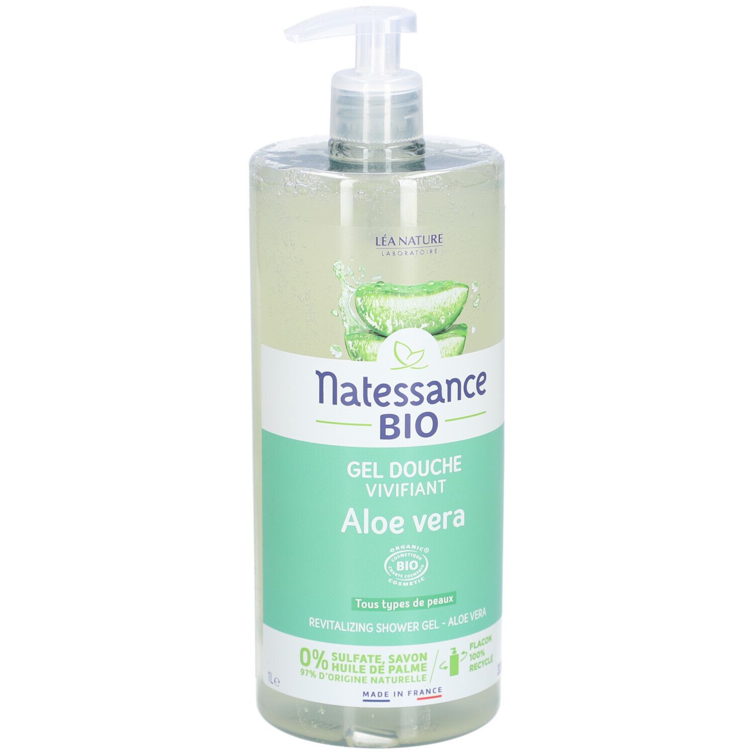 Flacon transparent avec pompe. Inscription: Natessance BIO Gel Douche Vivifiant Aloe Vera. Certification bio.