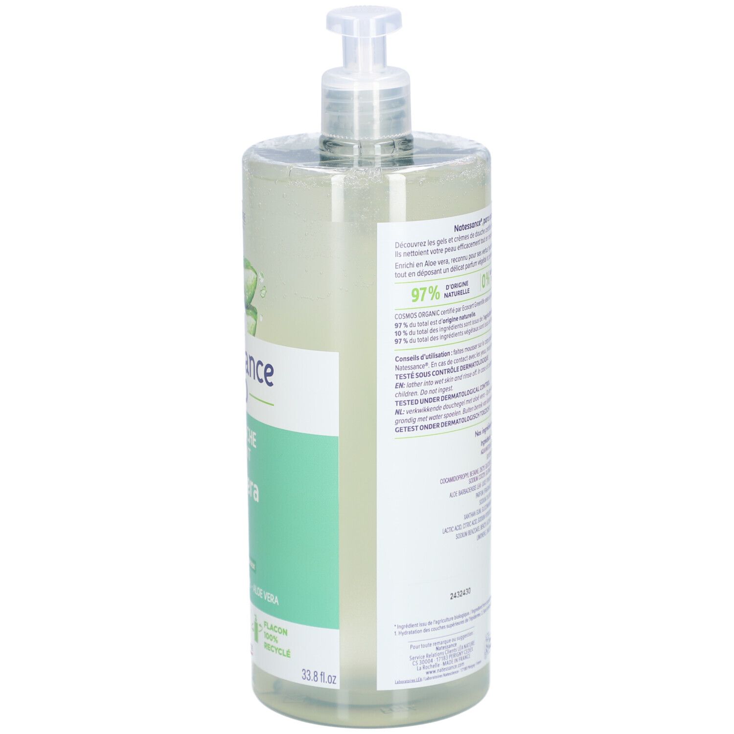 Dos du flacon. Informations textuelles, ingrédients et logos. Flacon 100% recyclable.