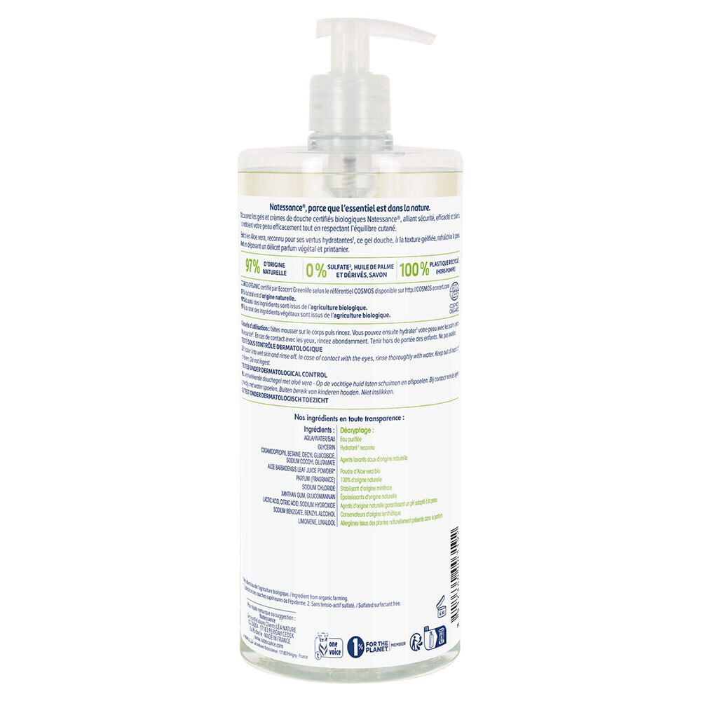 Dos du flacon. Informations textuelles, ingrédients et logos. Flacon 100% recyclable.