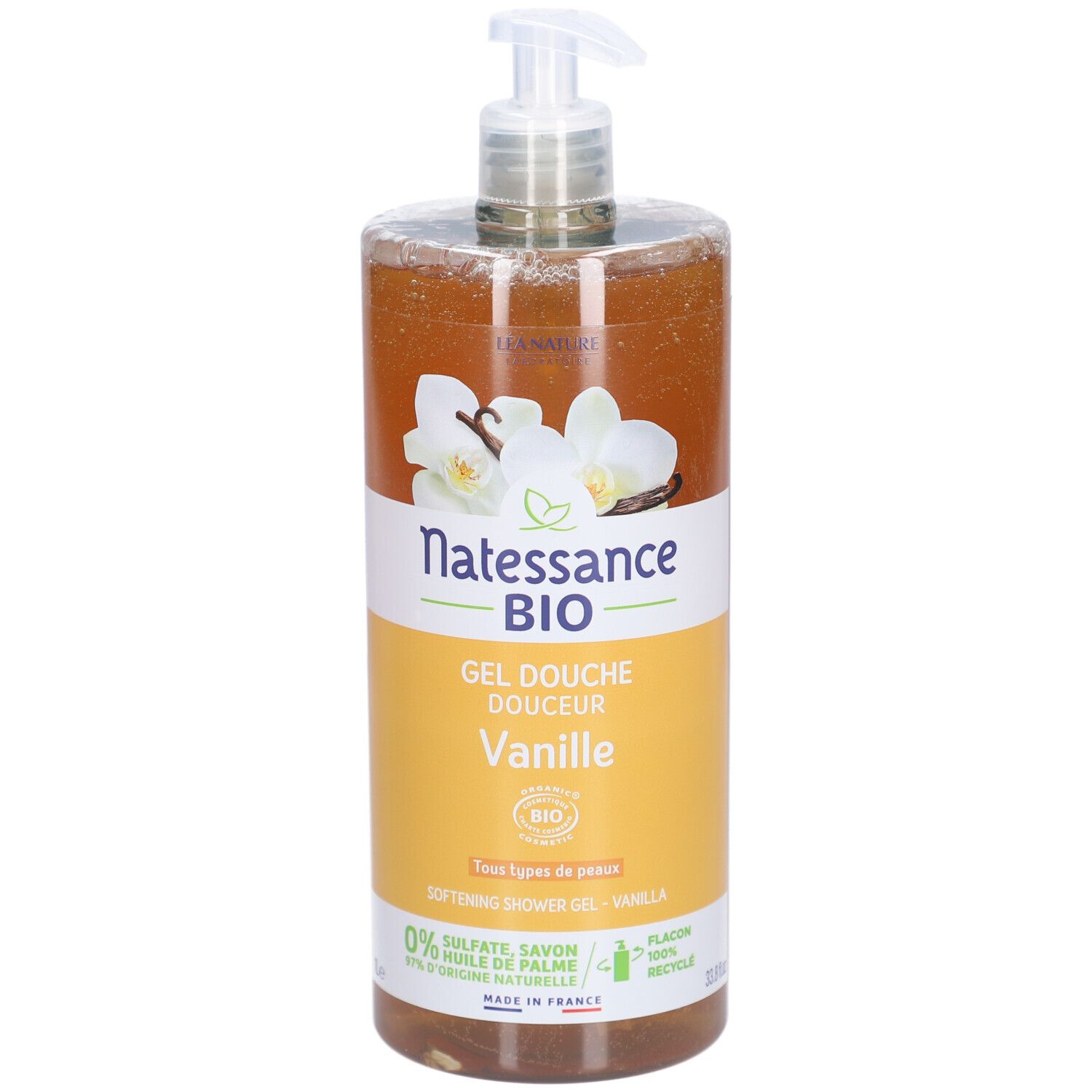Gel Douche Douceur Vanille Natessance BIO. Flacon avec pompe, étiquettes jaune et marron, illustration de vanille.