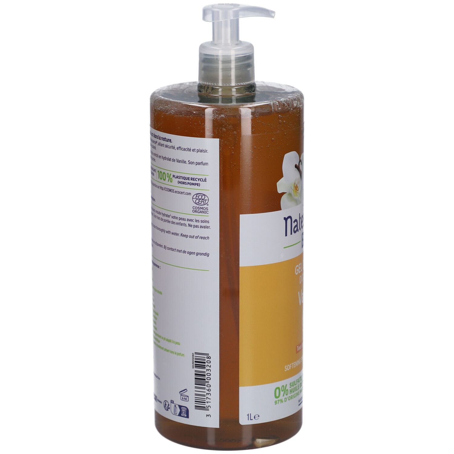 Gel Douche Douceur Vanille Natessance BIO. Flacon avec pompe, étiquettes jaune et marron, illustration de vanille.