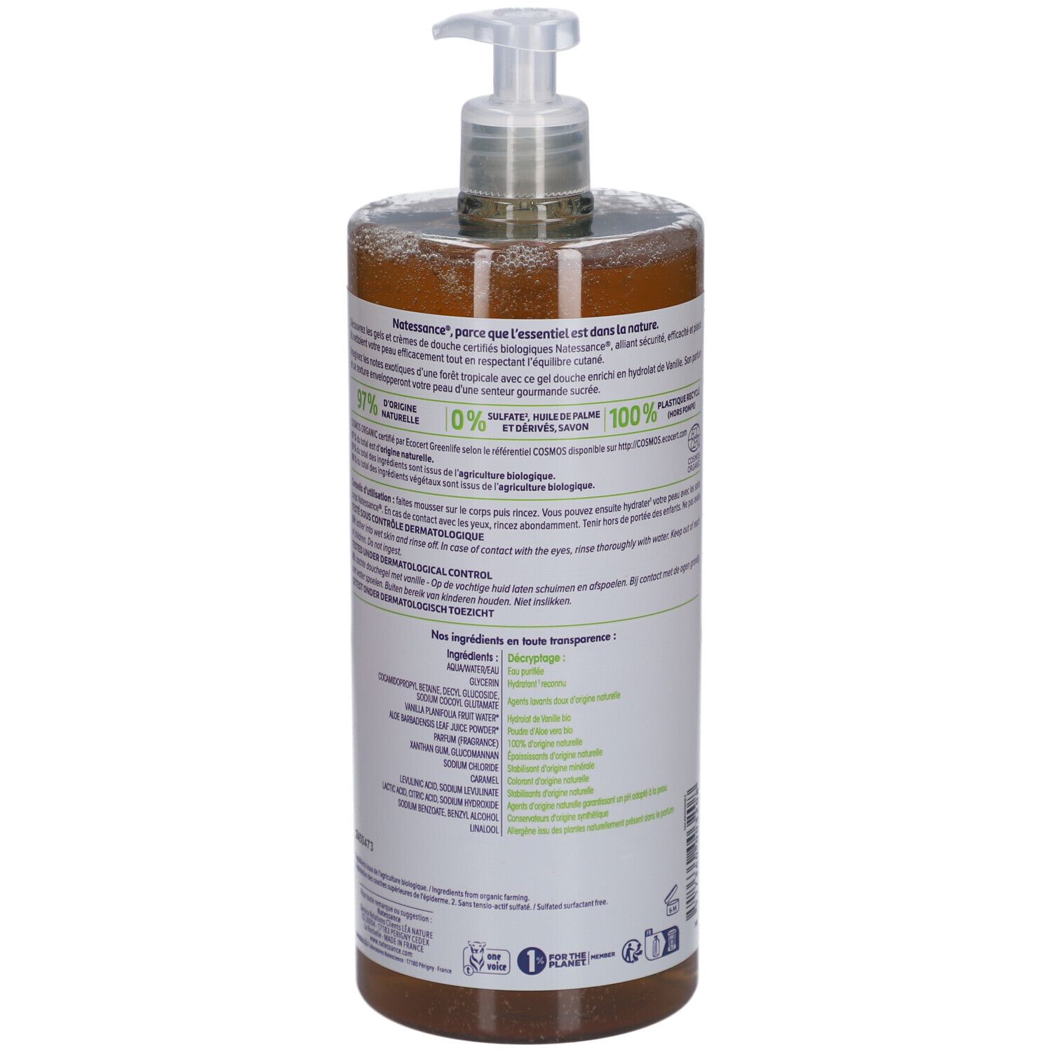Dos du flacon Gel Douche Douceur Vanille. Texte multilingue, ingrédients, certifications, logo de recyclage.