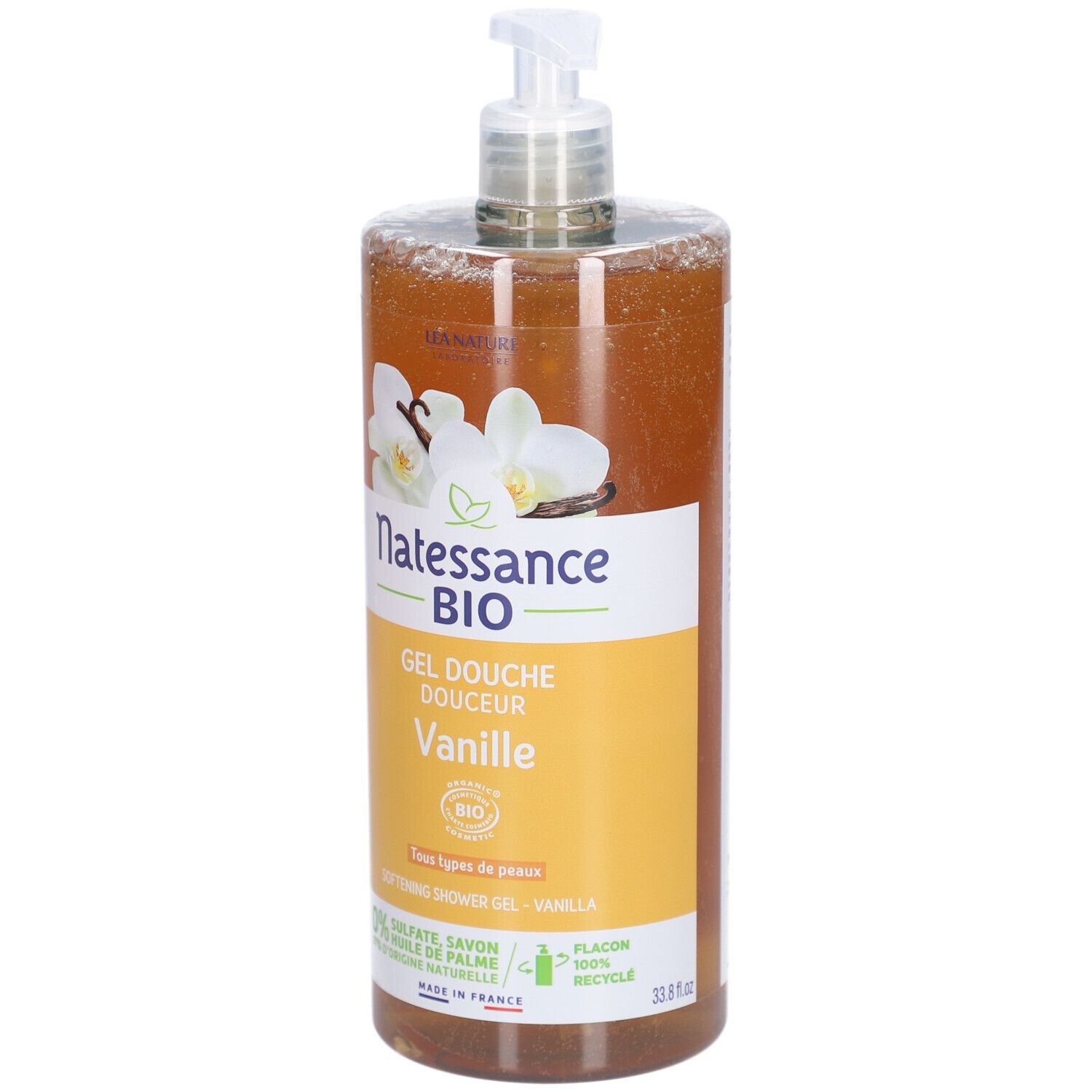 Gel Douche Douceur Vanille Natessance BIO. Flacon avec pompe, étiquettes jaune et marron, illustration de vanille.