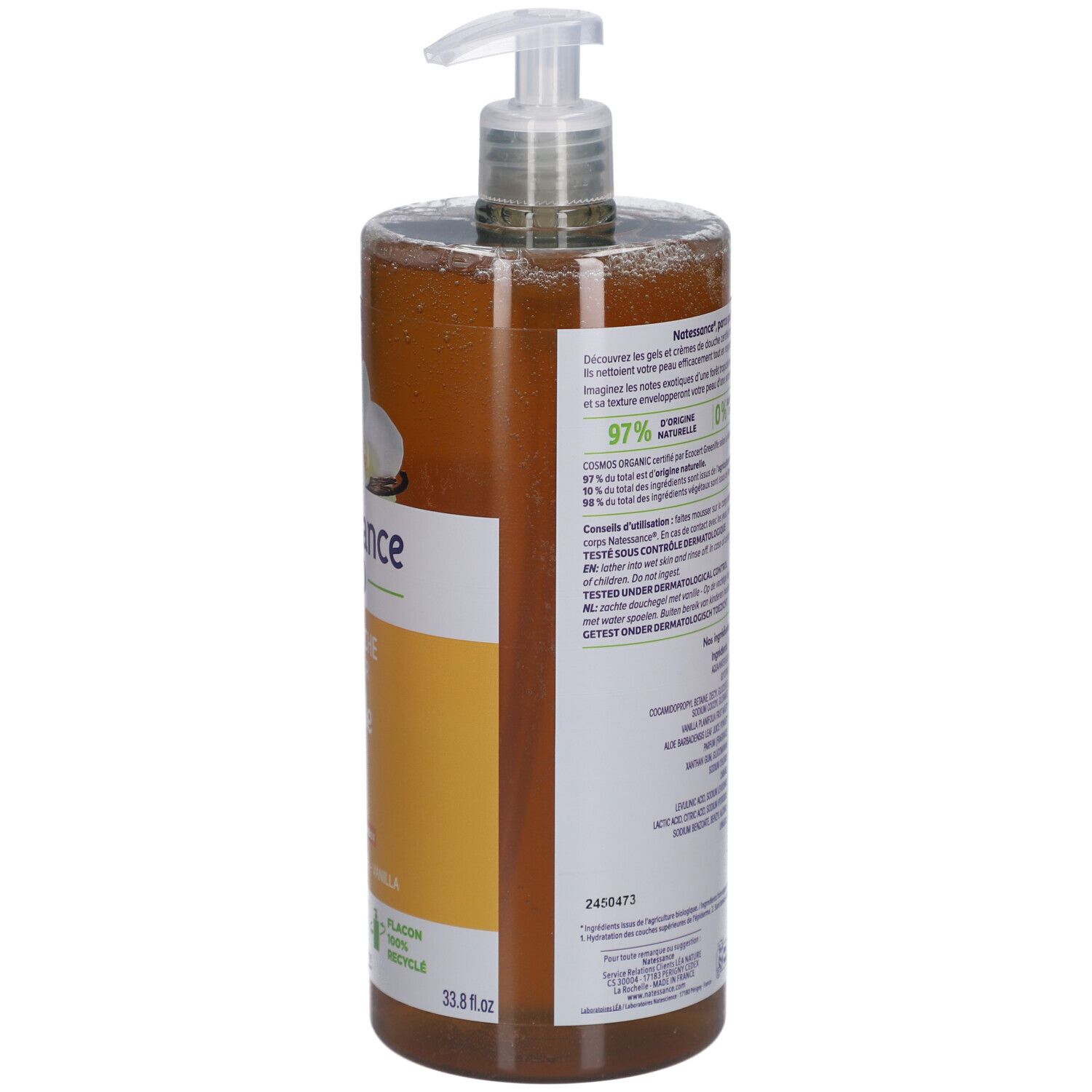 Dos du flacon Gel Douche Douceur Vanille. Texte multilingue, ingrédients, certifications, logo de recyclage.