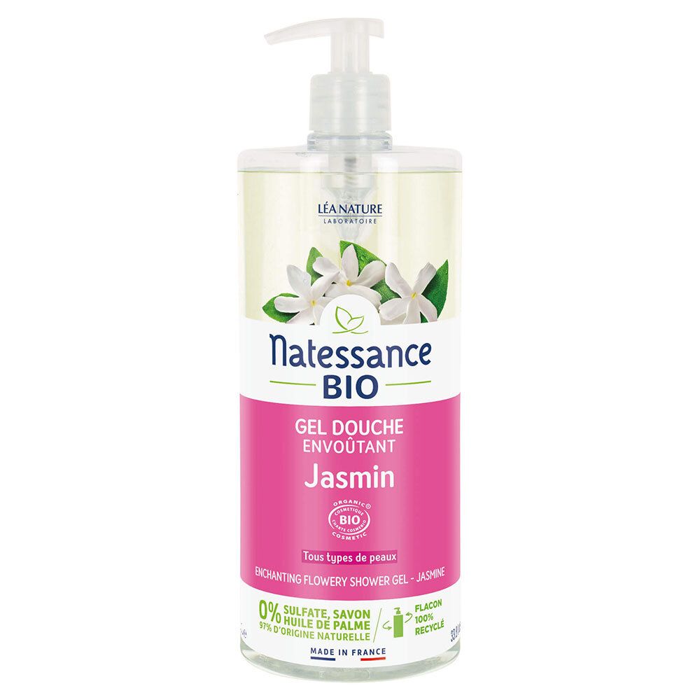 Flacon transparent avec pompe. Étiquette avec nom du produit, fleurs de jasmin et certification bio. Inscriptions en français.