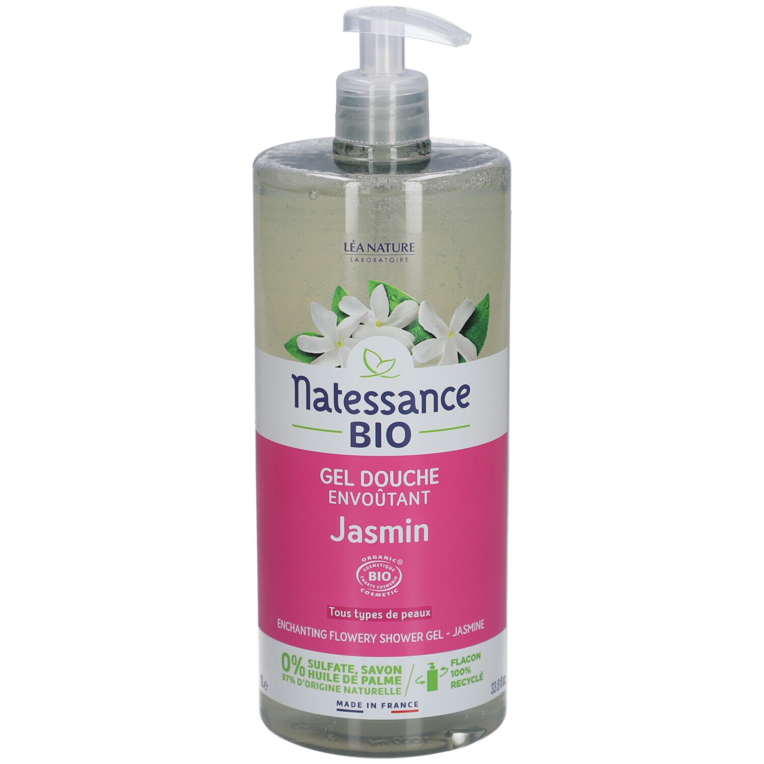 Flacon transparent avec pompe. Étiquette avec nom du produit, fleurs de jasmin et certification bio. Inscriptions en français.