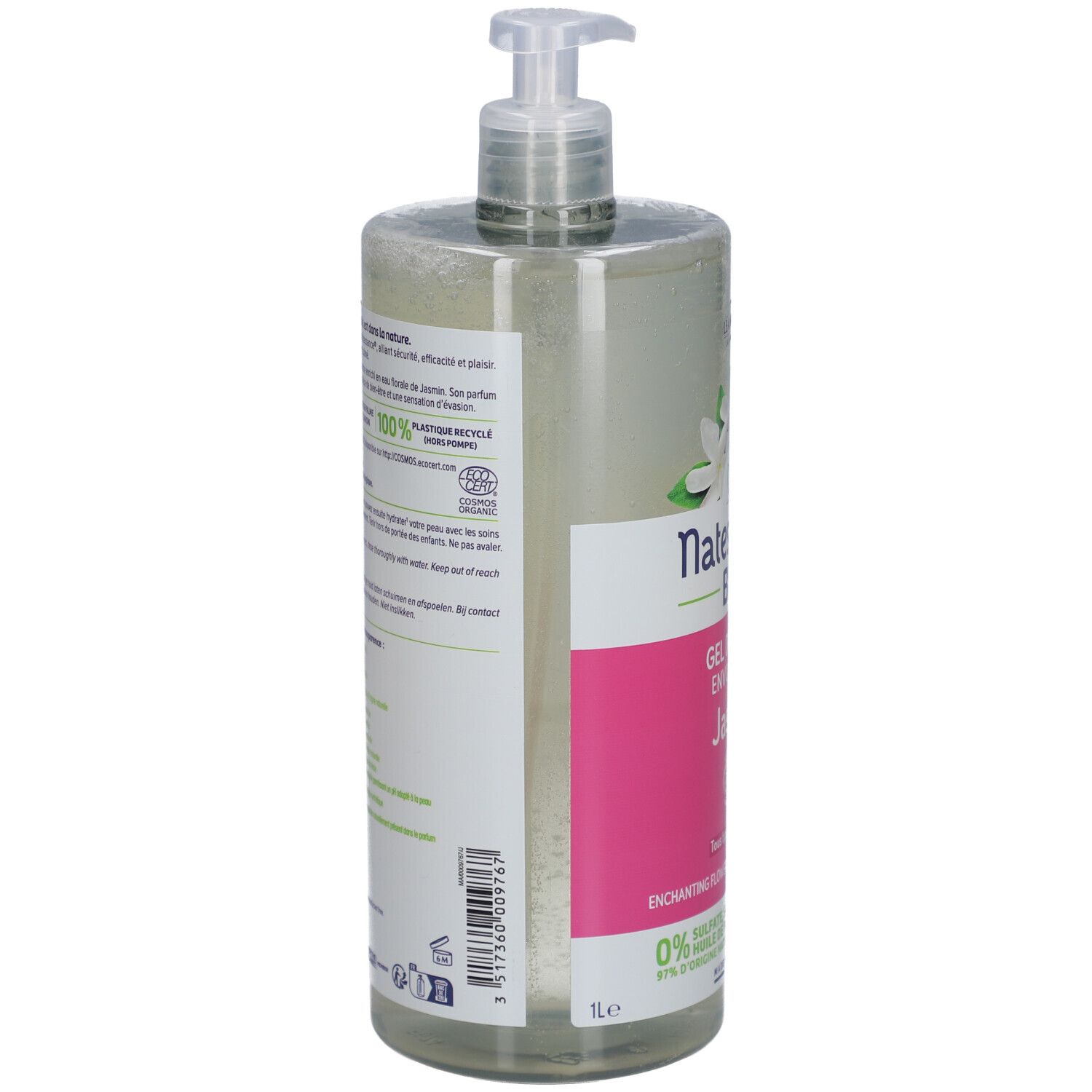 Dos du flacon transparent avec informations produit et ingrédients. Inscriptions en français.