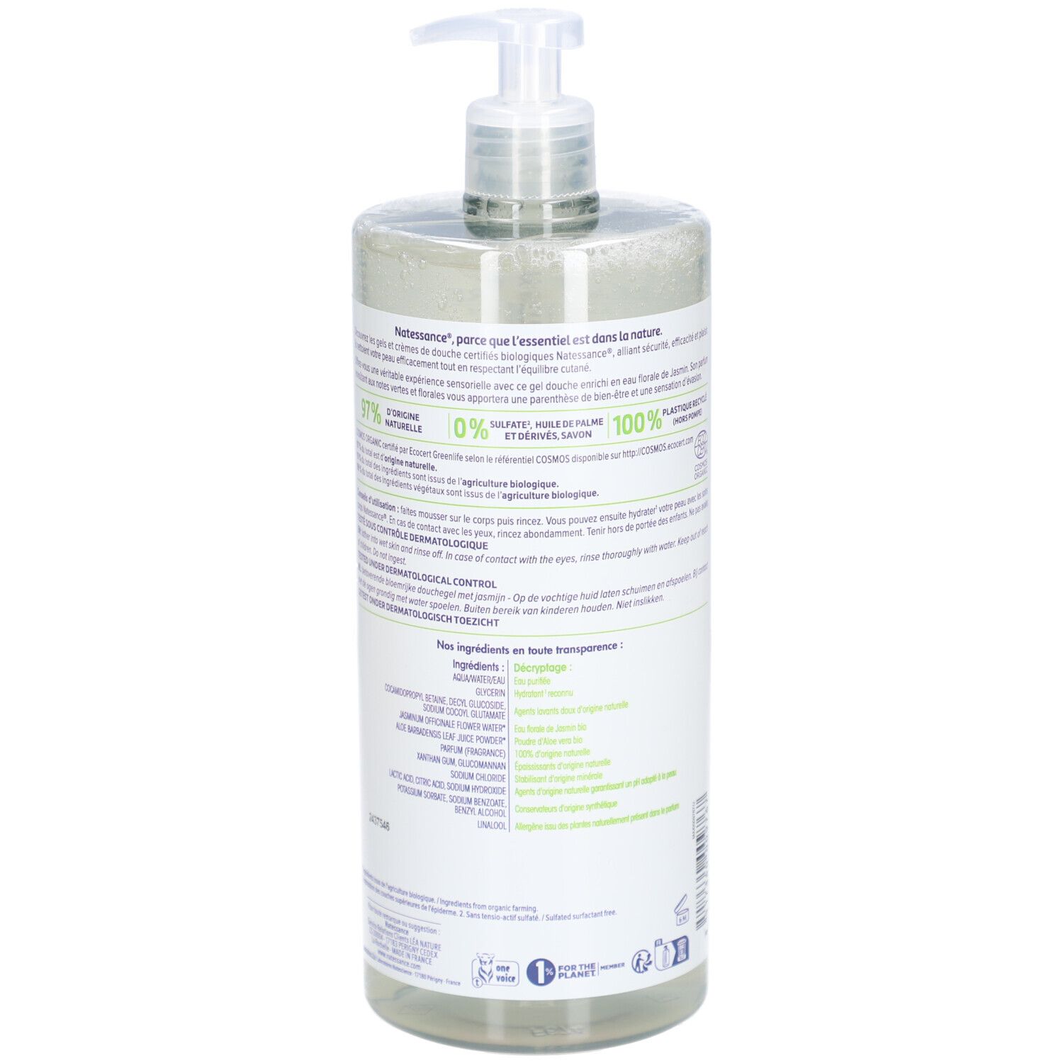 Dos du flacon transparent avec informations produit et ingrédients. Inscriptions en français.