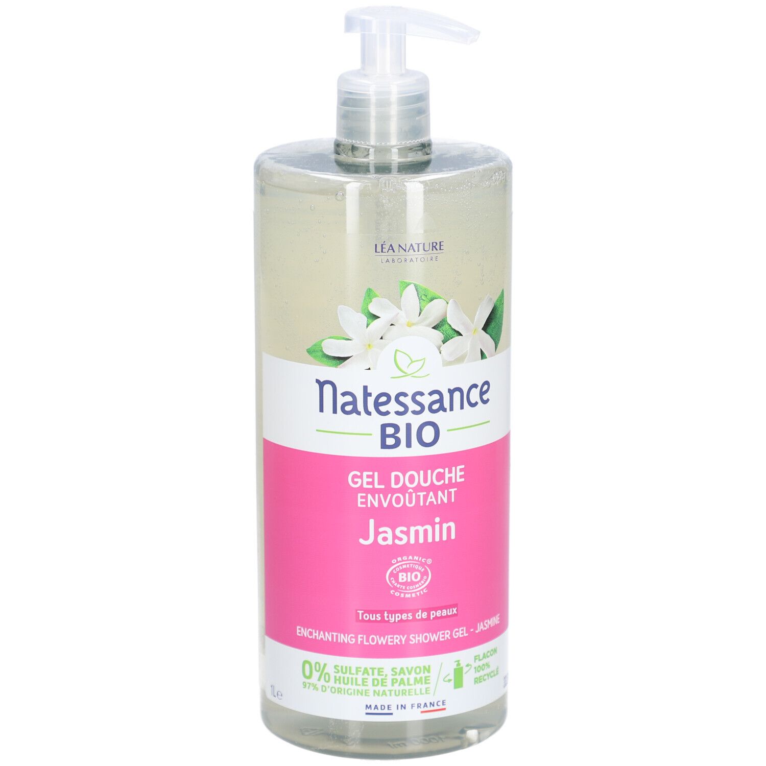 Flacon transparent avec pompe. Étiquette avec nom du produit, fleurs de jasmin et certification bio. Inscriptions en français.