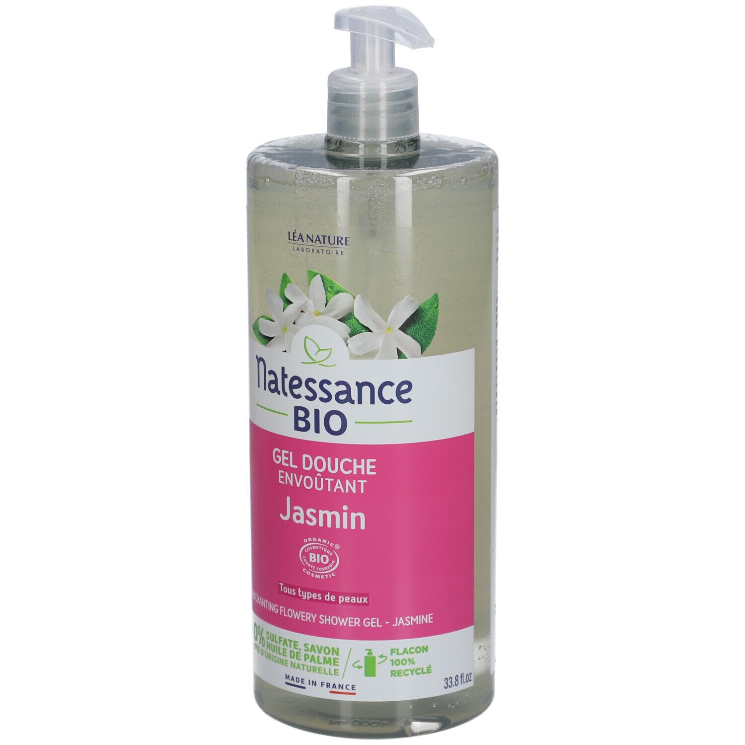 Flacon transparent avec pompe. Étiquette avec nom du produit, fleurs de jasmin et certification bio. Inscriptions en français.