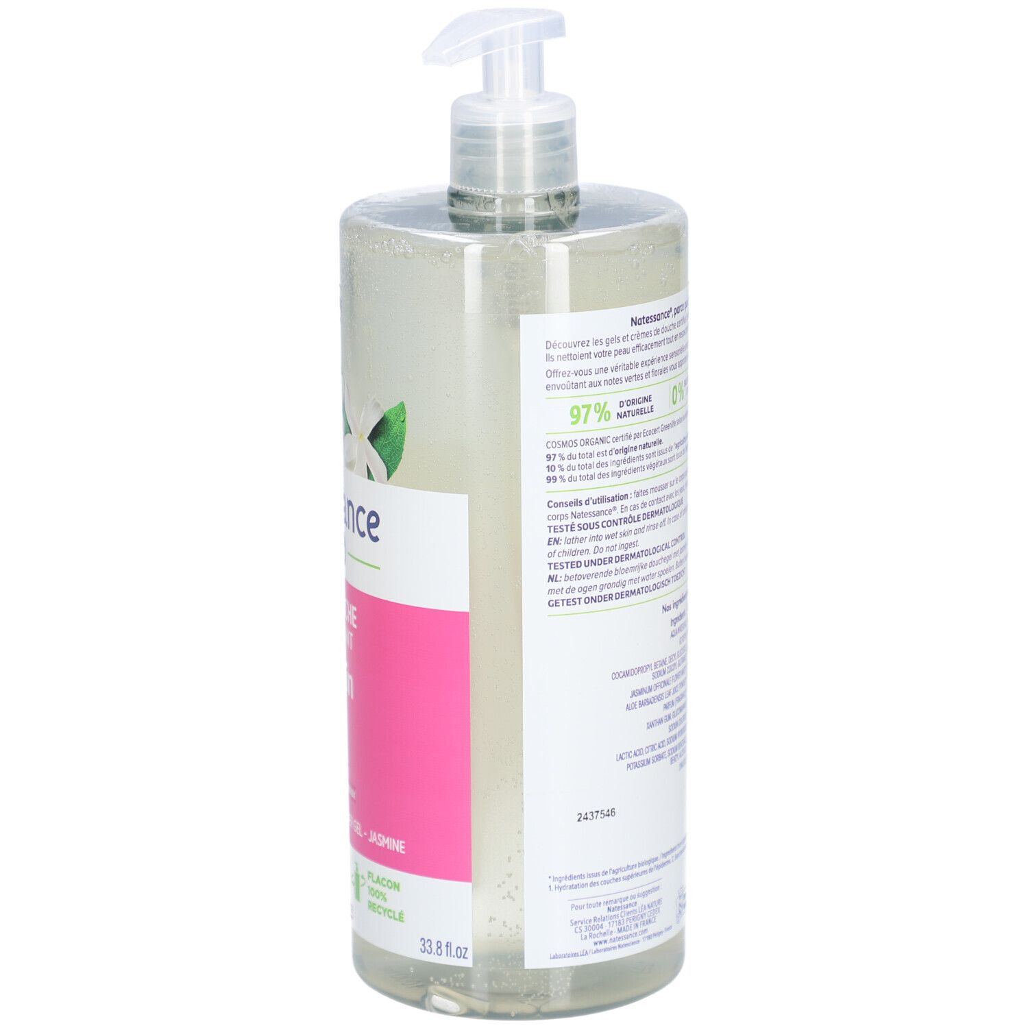 Dos du flacon transparent avec informations produit et ingrédients. Inscriptions en français.