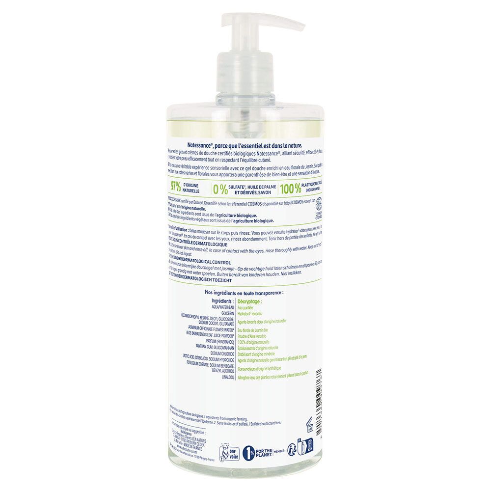 Dos du flacon transparent avec informations produit et ingrédients. Inscriptions en français.