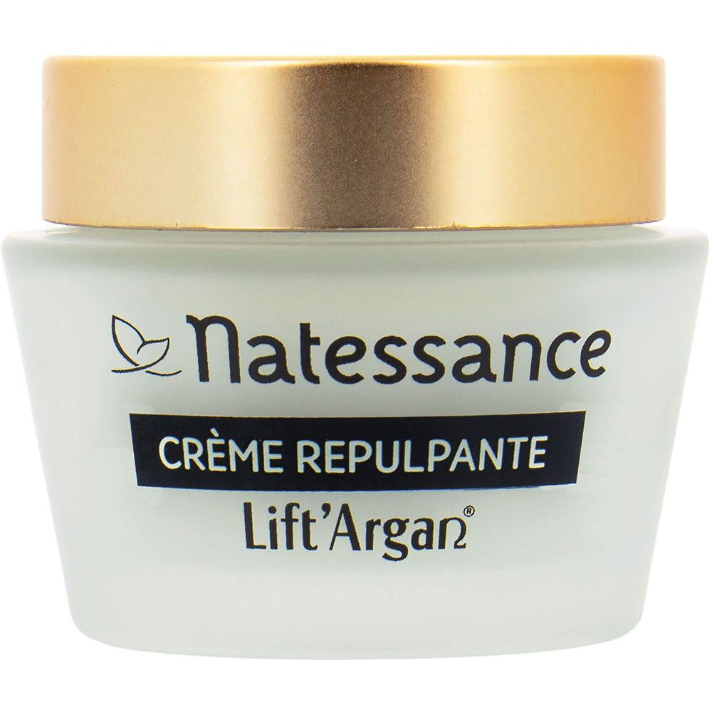 Pot de crème avec couvercle doré. Inscription: Natessance, Crème Repulpante, Lift'Argan.