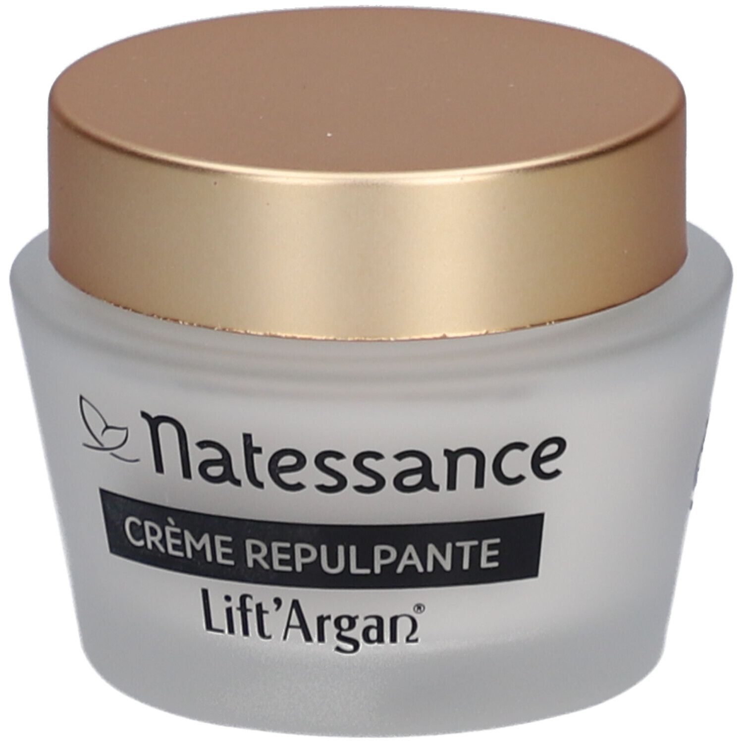 Pot de crème avec couvercle doré. Inscription: Natessance, Crème Repulpante, Lift'Argan.