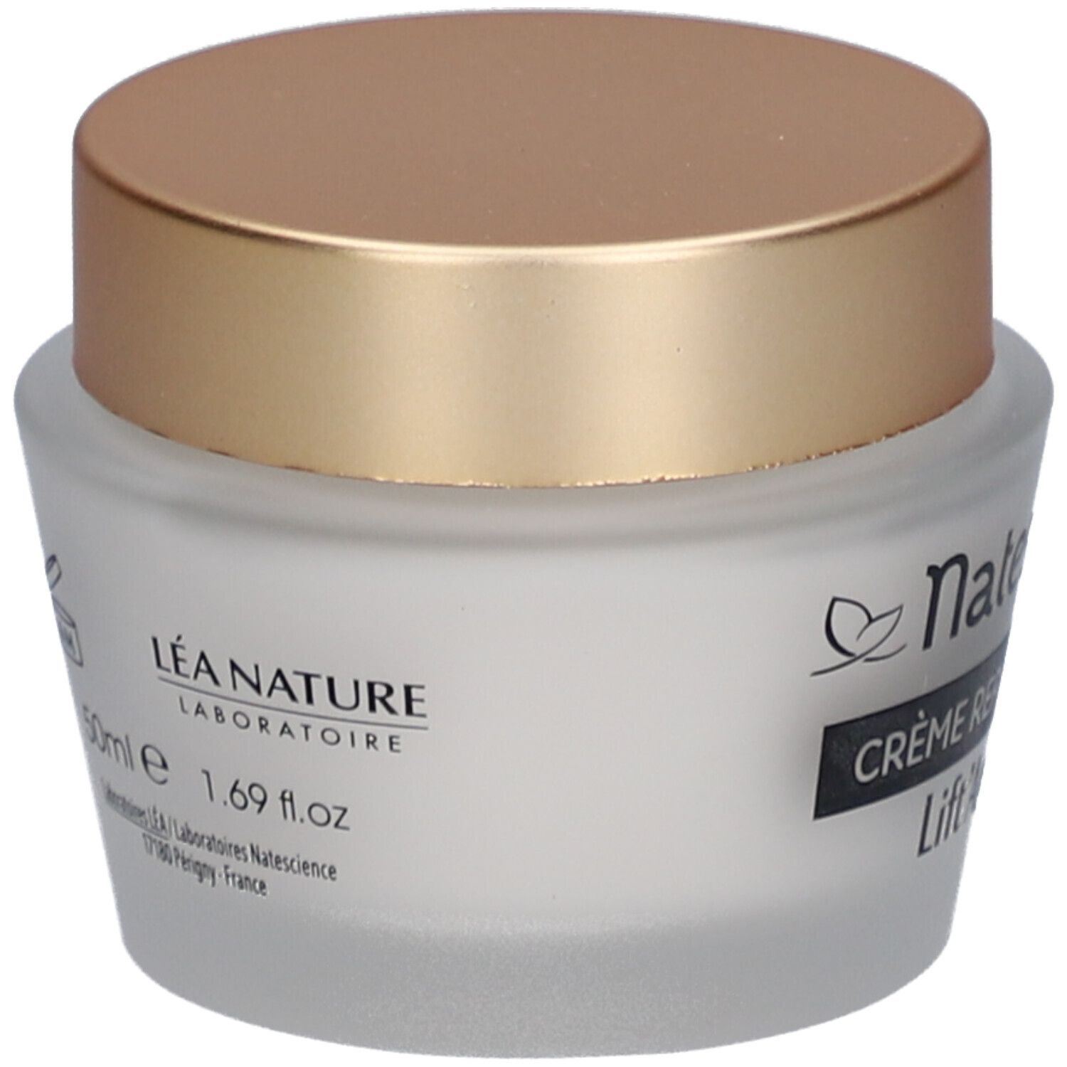 Pot de crème avec couvercle doré. Inscription: Natessance, Crème Repulpante, Lift'Argan.