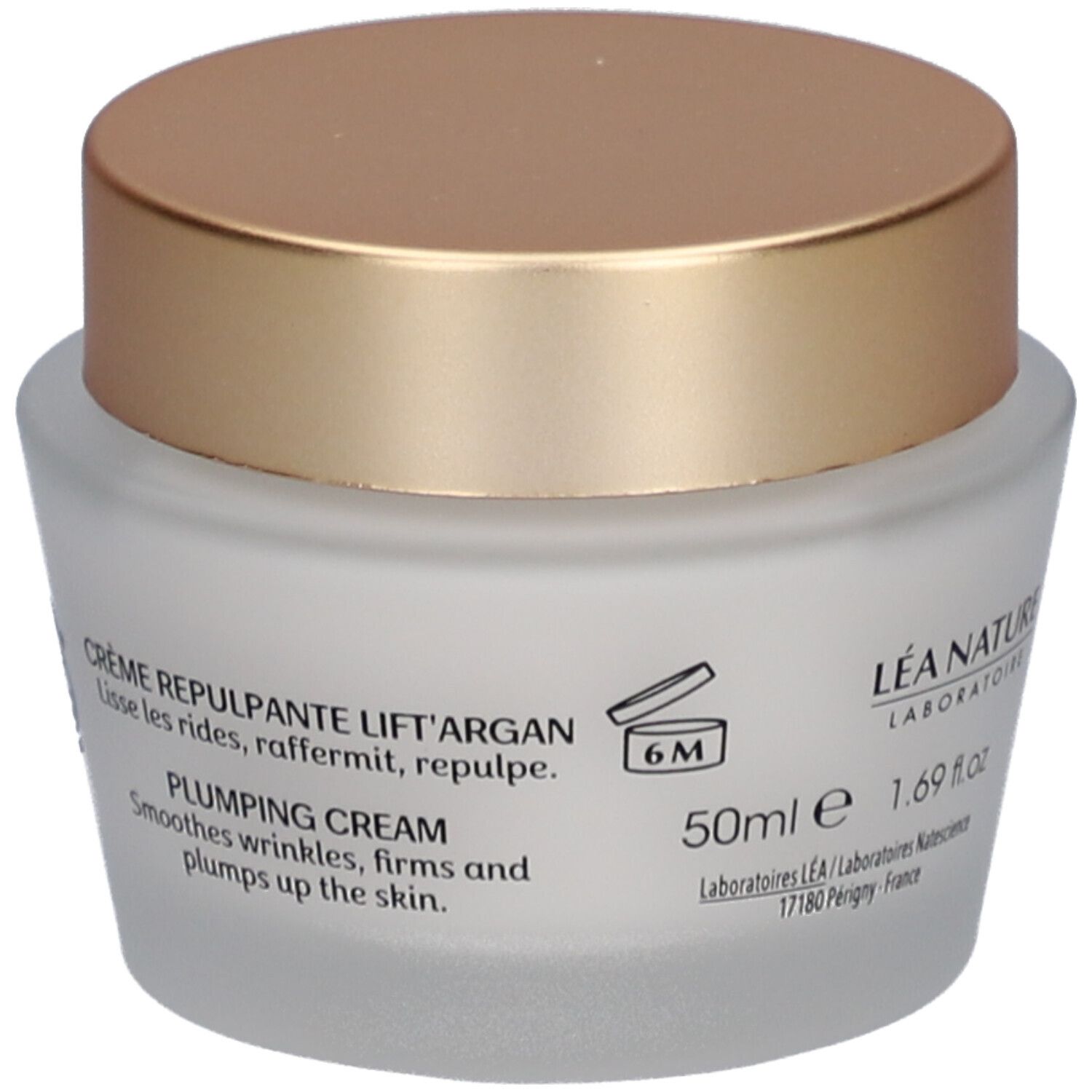 Pot de crème avec couvercle doré. Inscription: Natessance, Crème Repulpante, Lift'Argan.